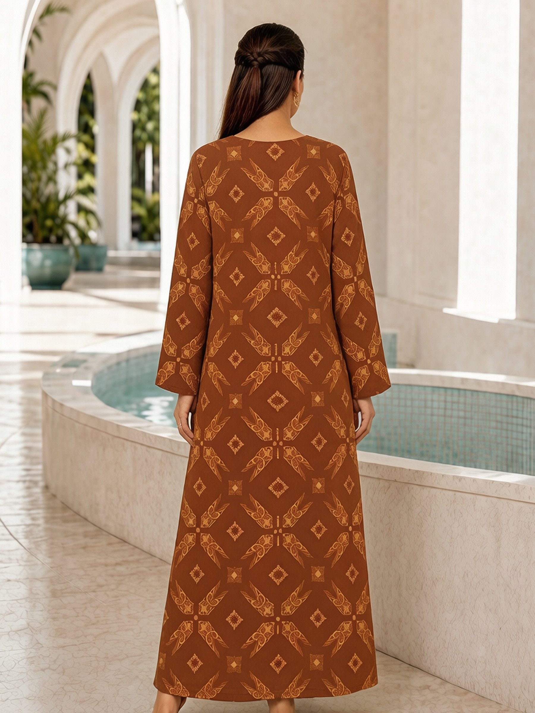 Brown Geometric Print Long Sleeves Open Front Abaya