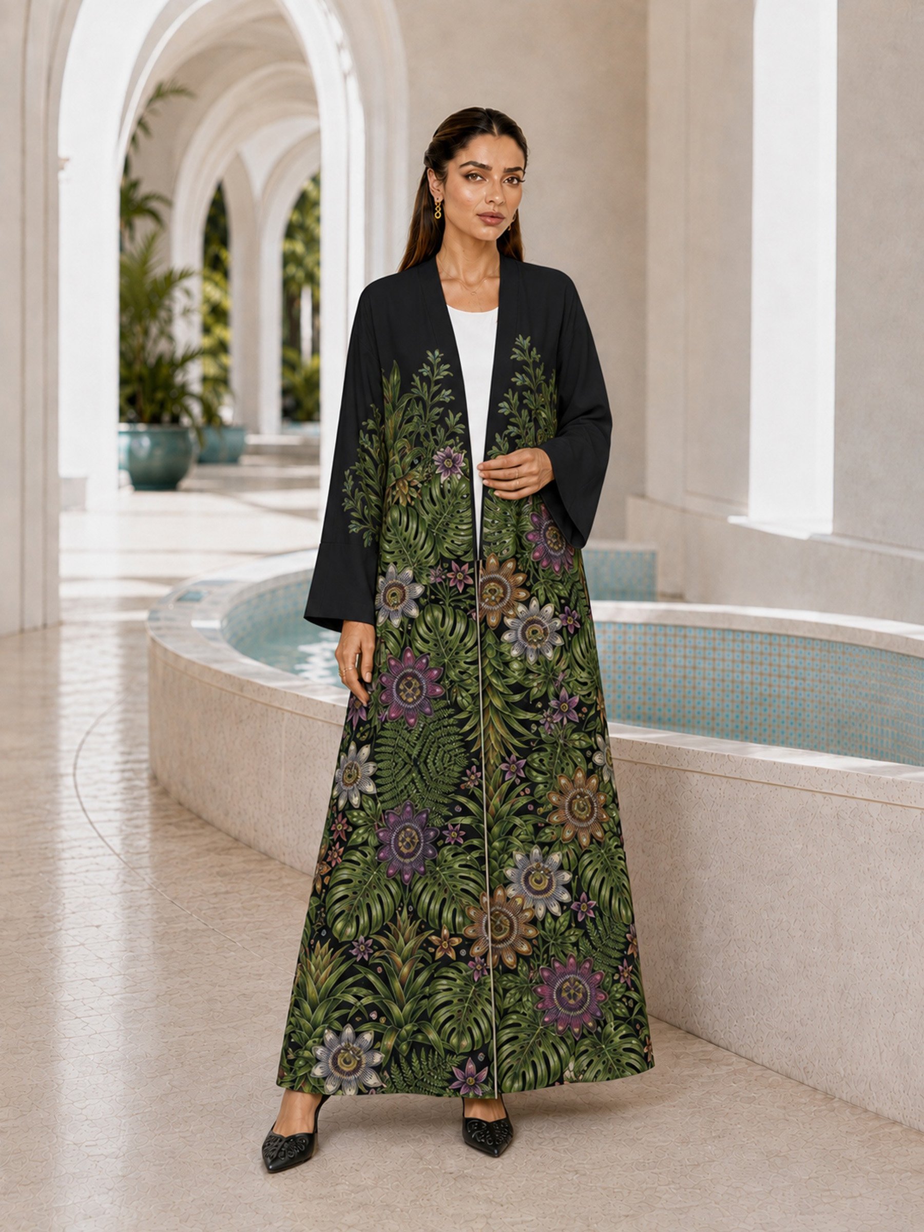 Black Floral Print Open Front Abaya
