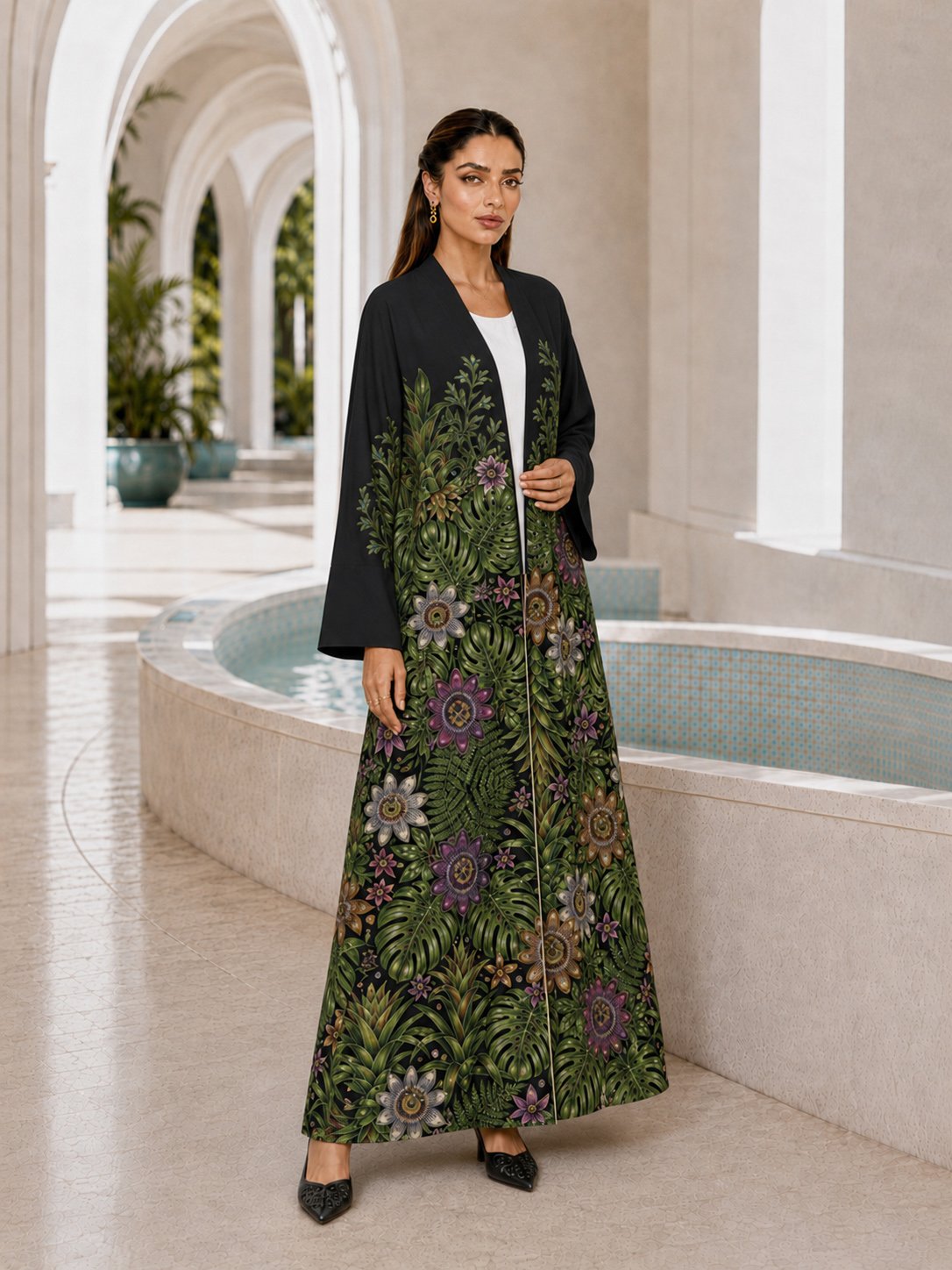 Black Floral Print Open Front Abaya