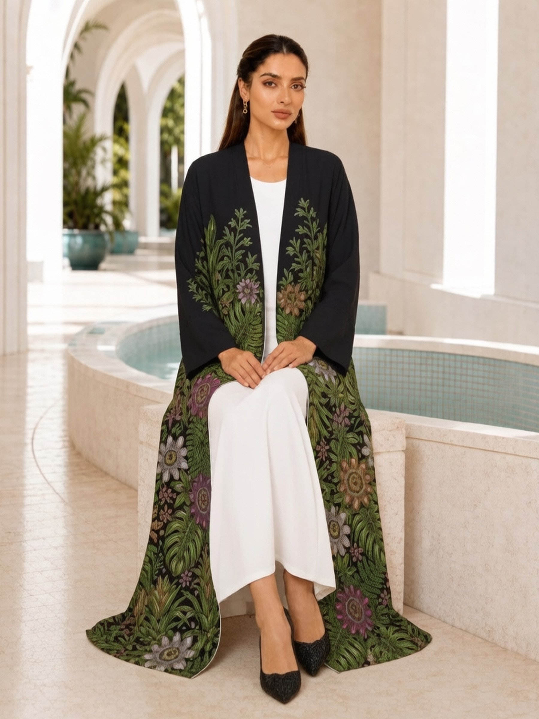 Black Floral Print Open Front Abaya