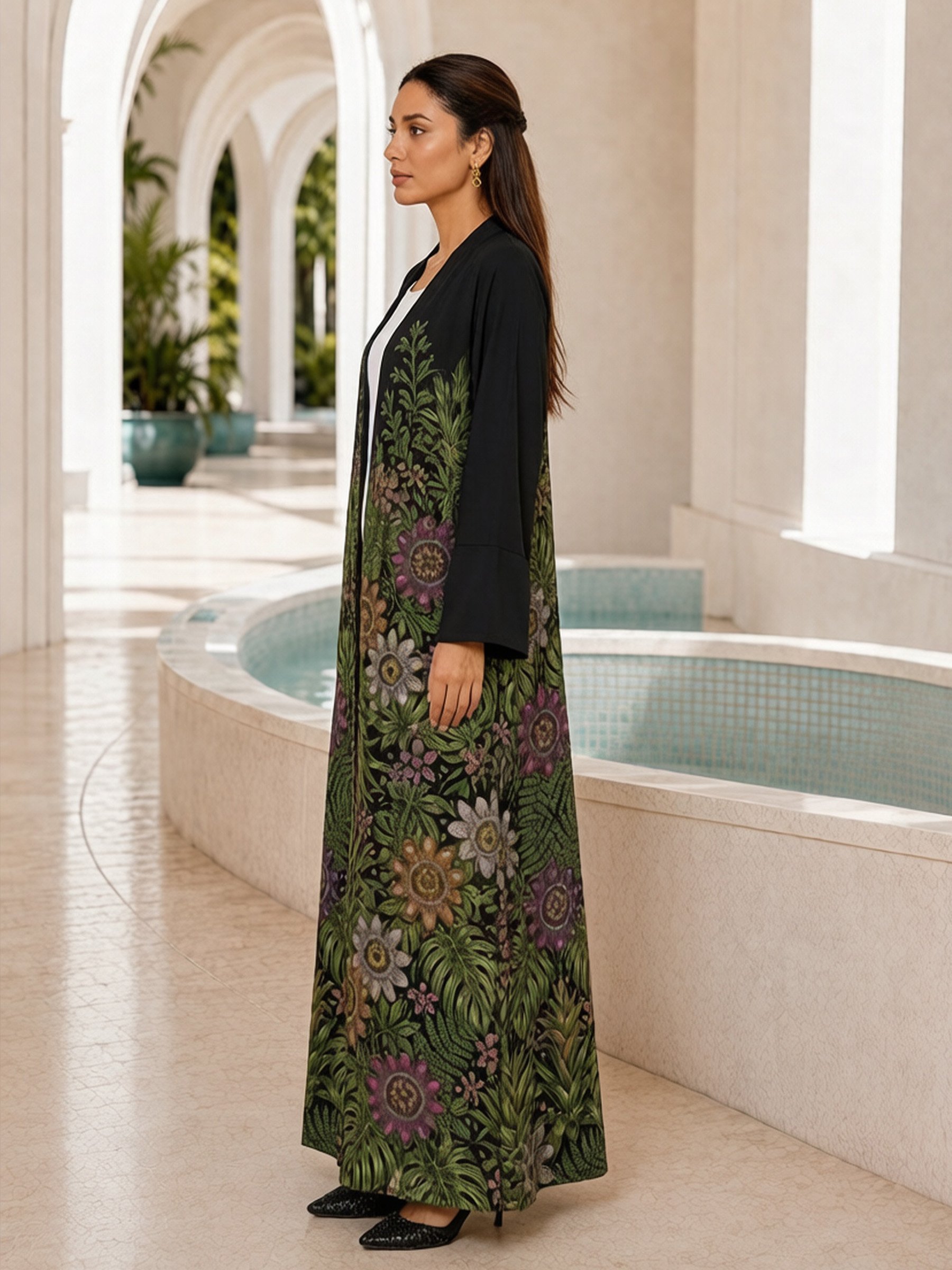 Black Floral Print Open Front Abaya