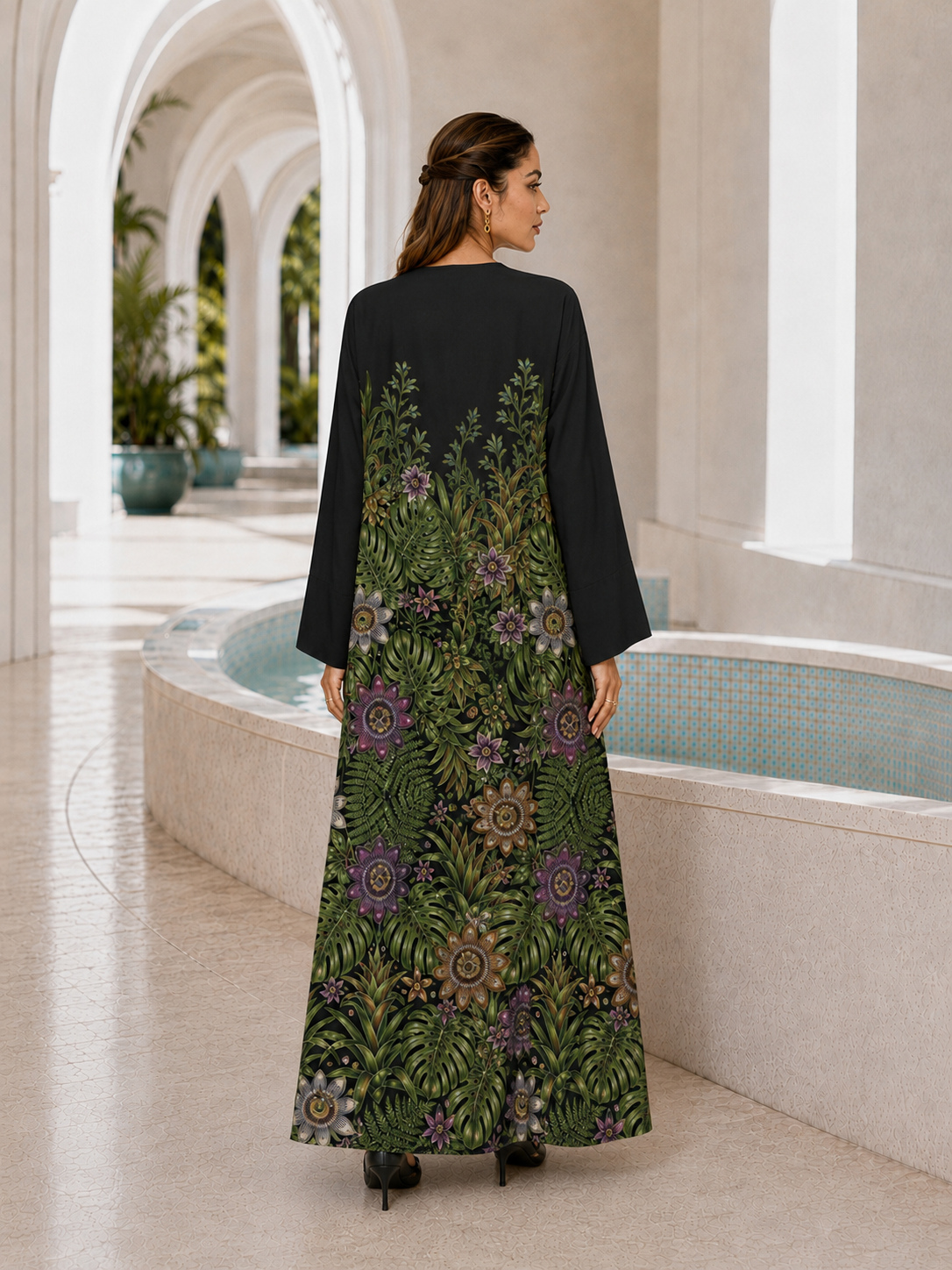 Black Floral Print Open Front Abaya