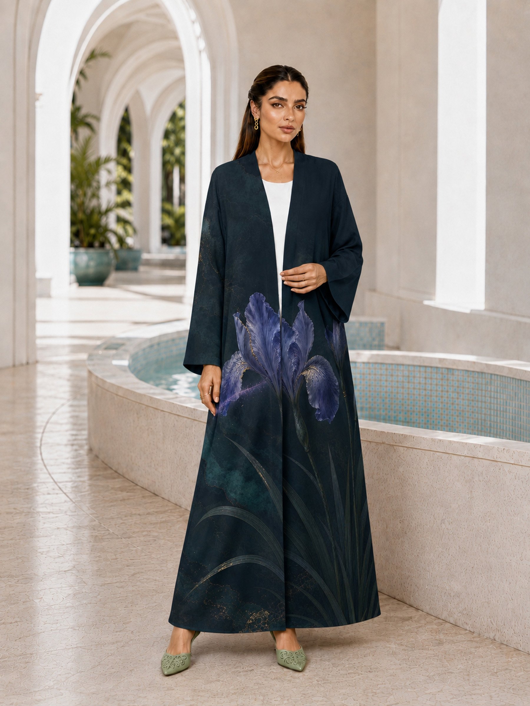 Navy Blue Floral Print Open Front Abaya