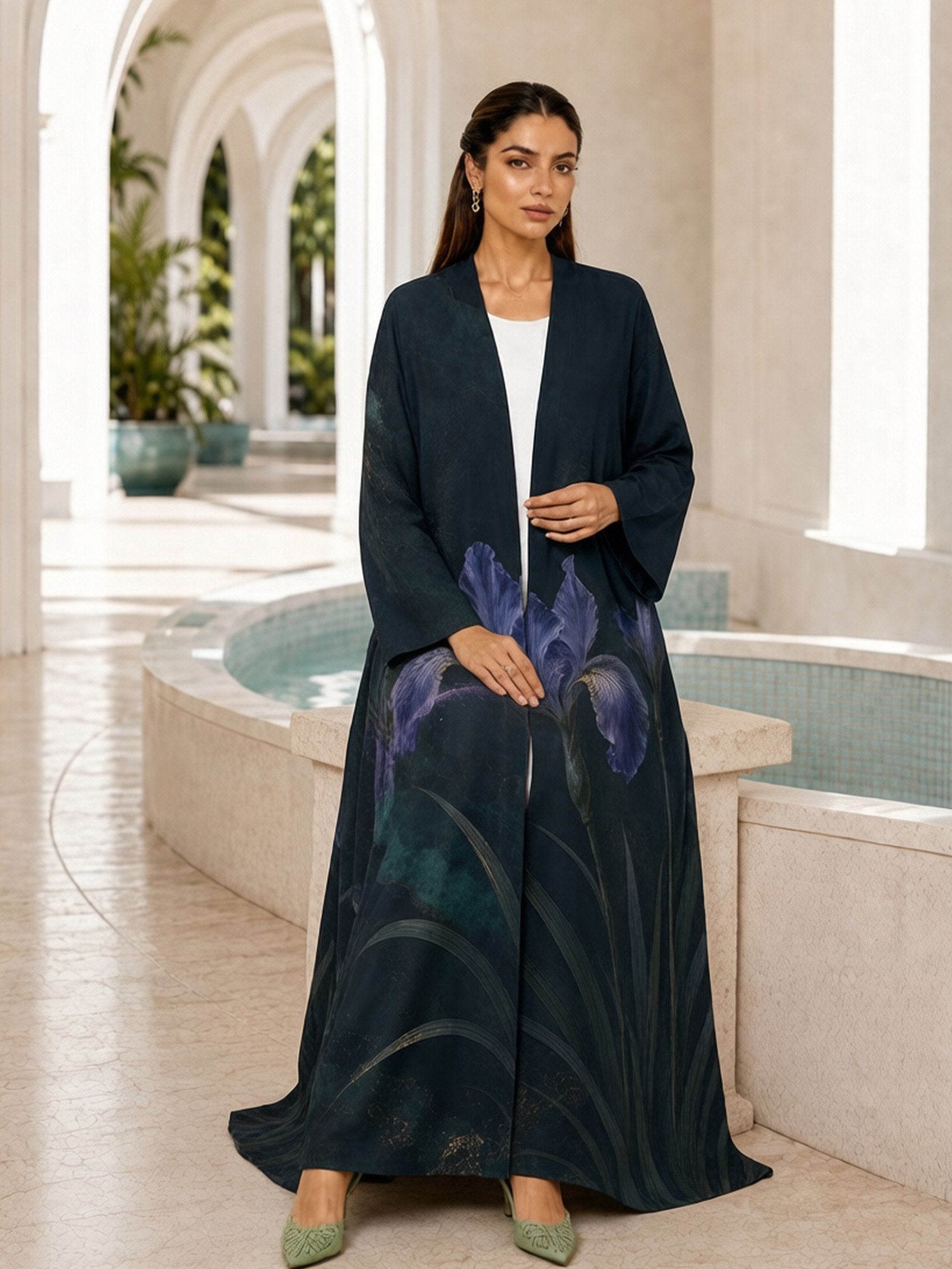 Navy Blue Floral Print Open Front Abaya