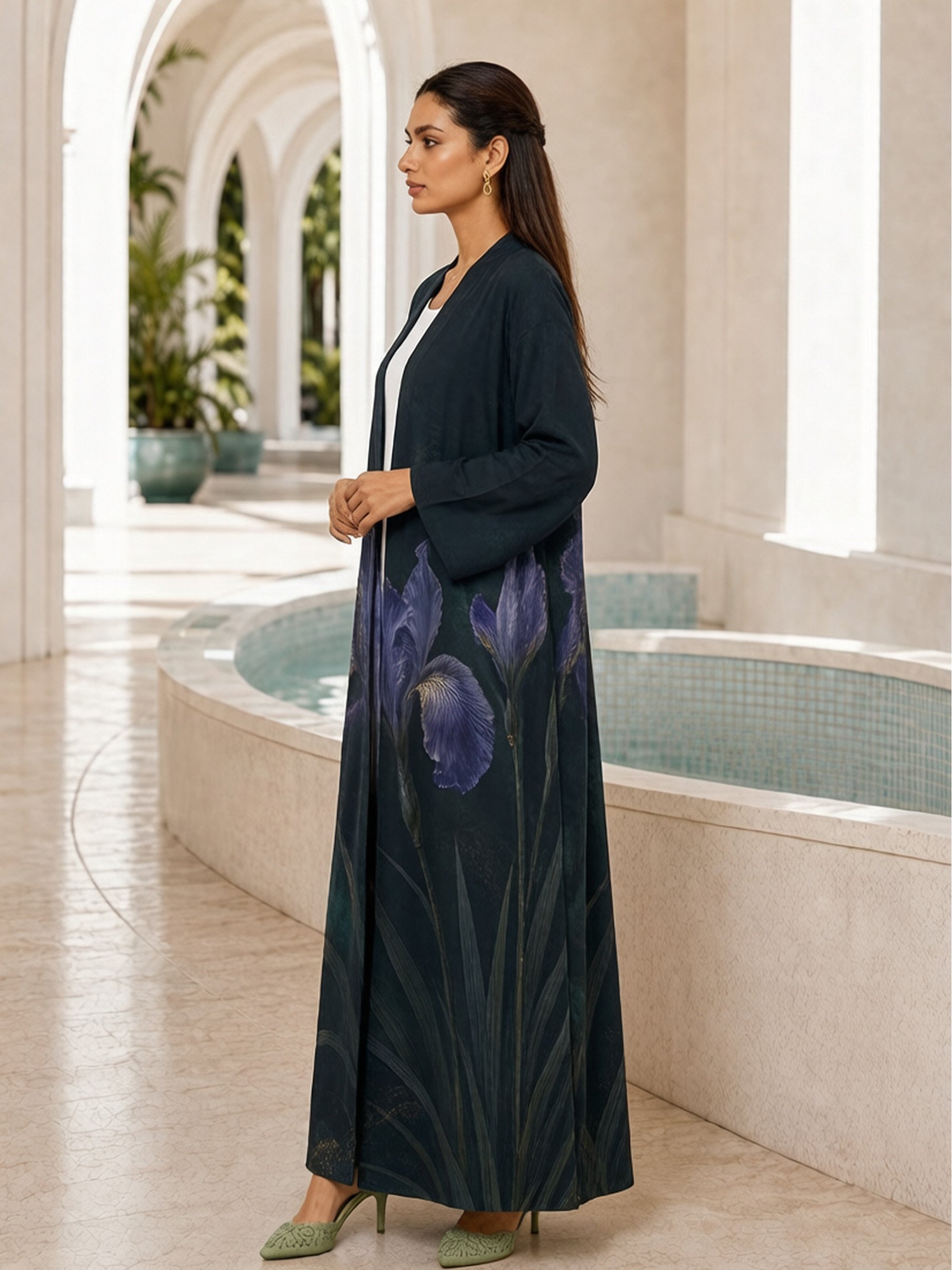 Navy Blue Floral Print Open Front Abaya