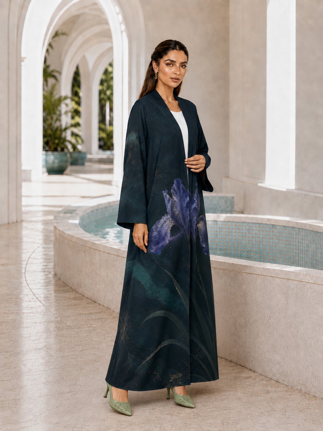 Navy Blue Floral Print Open Front Abaya