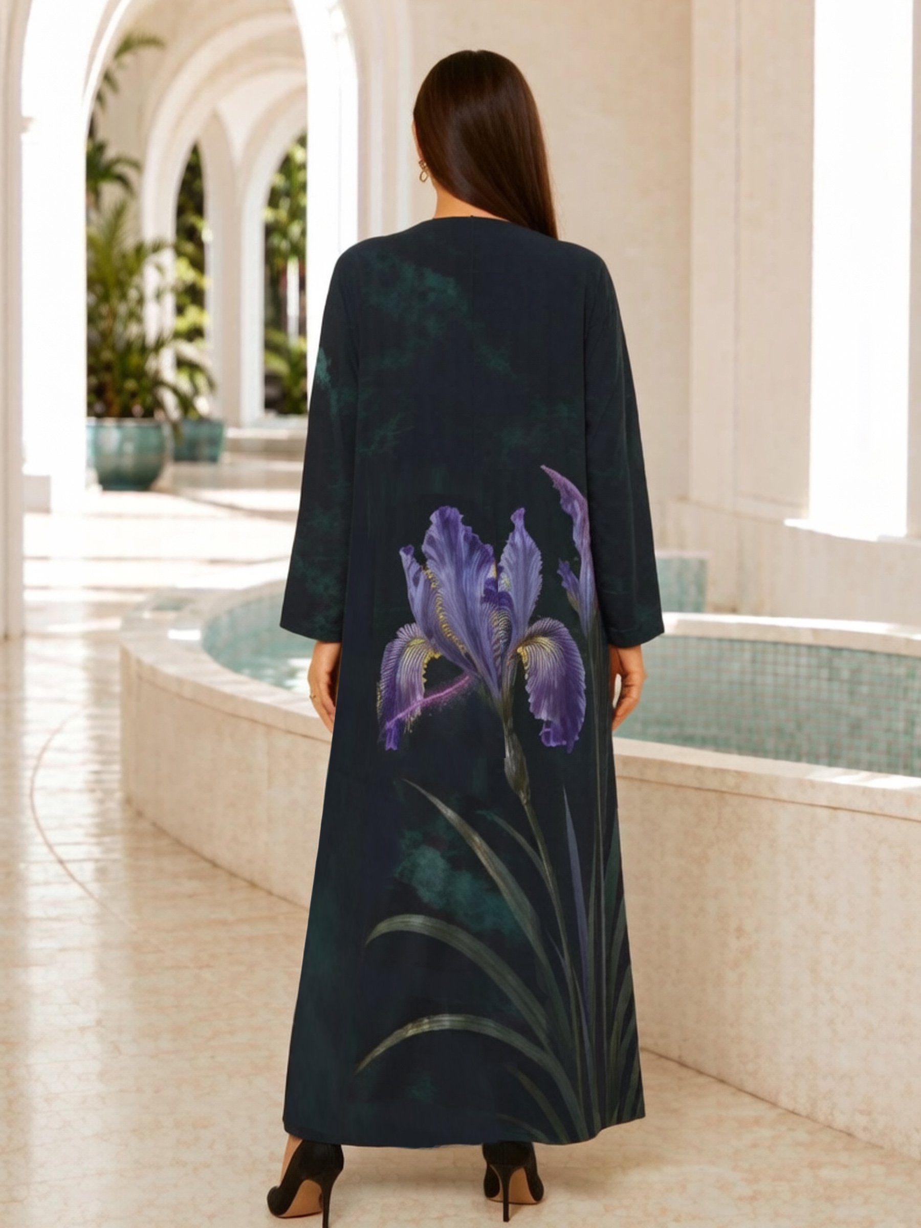 Navy Blue Floral Print Open Front Abaya