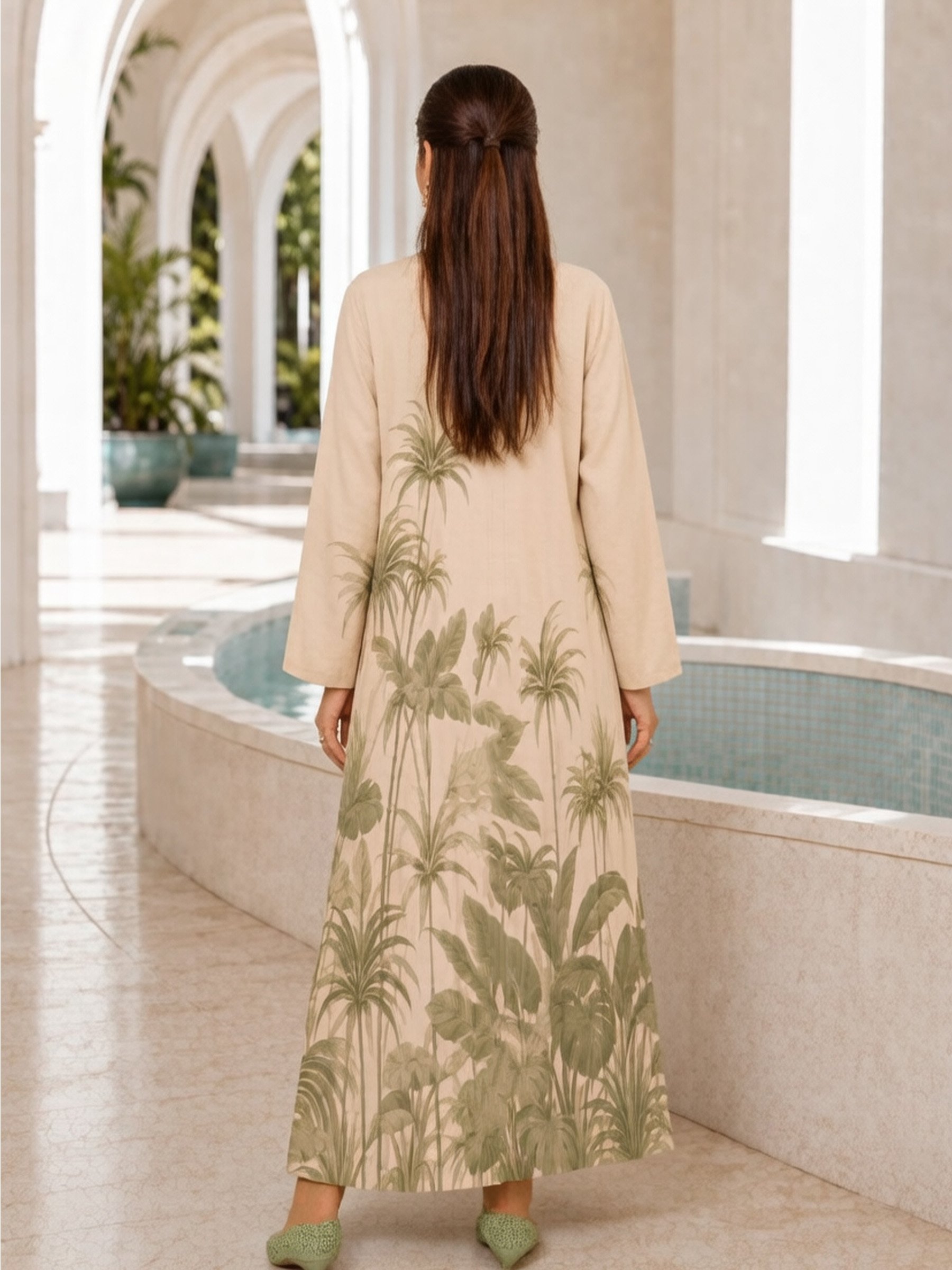 Beige Tropical Print Open Front Abaya