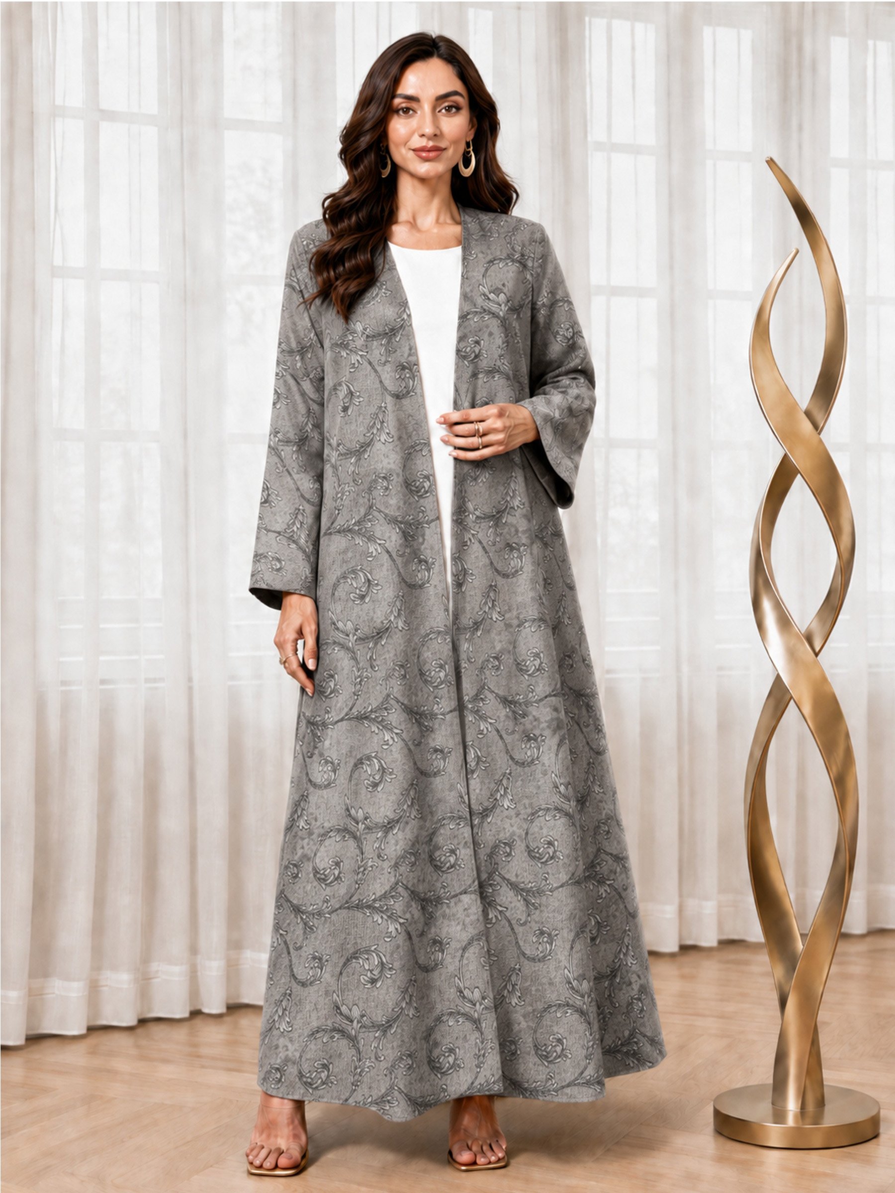 Grey All Over Print Open Front Abaya