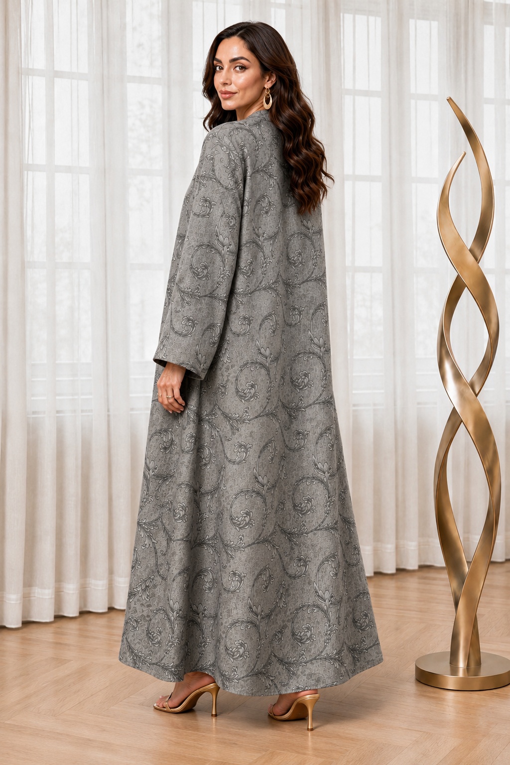 Grey All Over Print Open Front Abaya