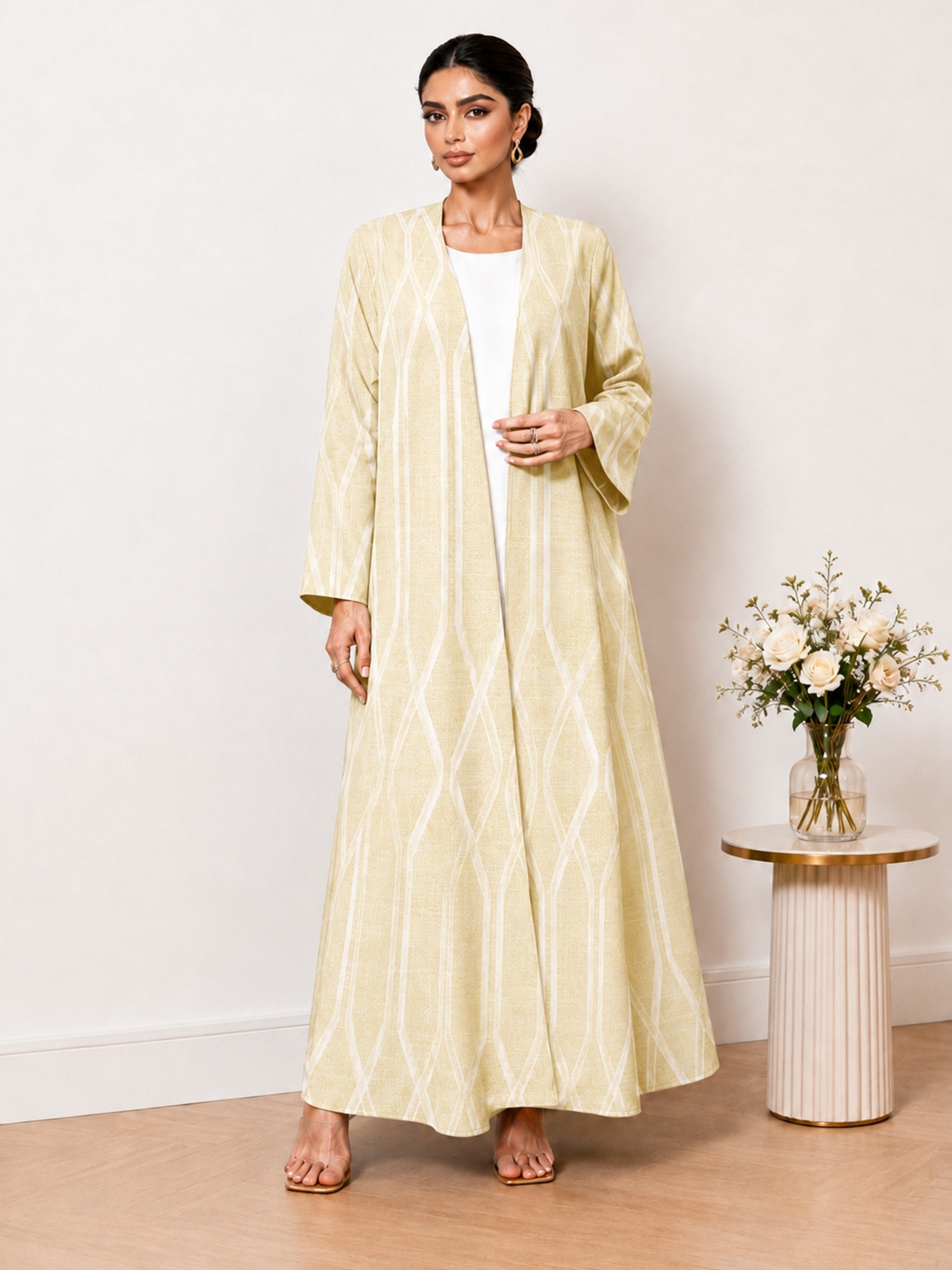 Beige Geometric Print Open Front Abaya