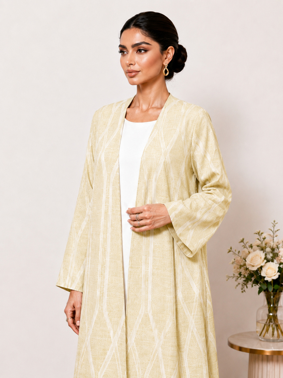 Beige Geometric Print Open Front Abaya