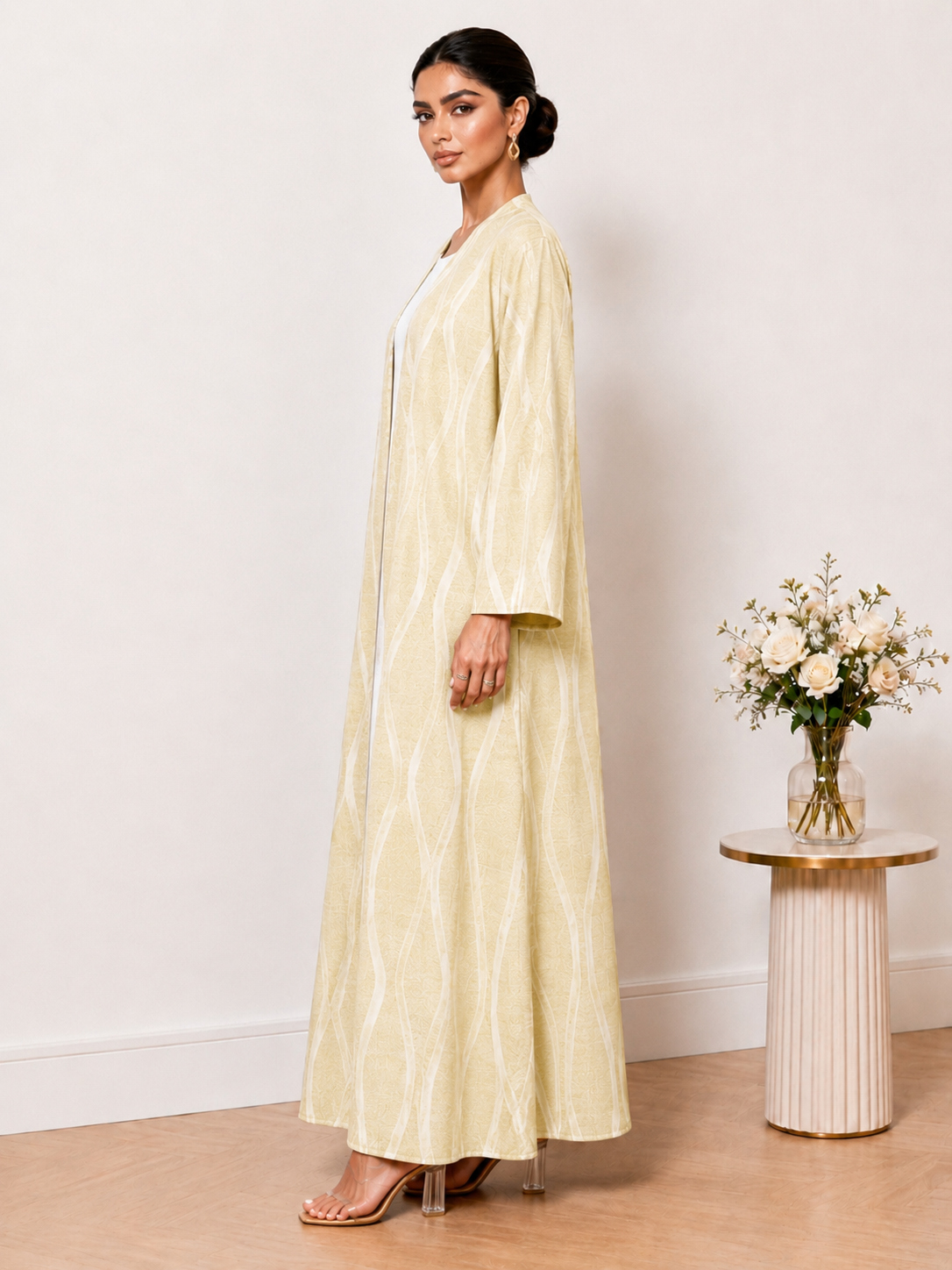 Beige Geometric Print Open Front Abaya