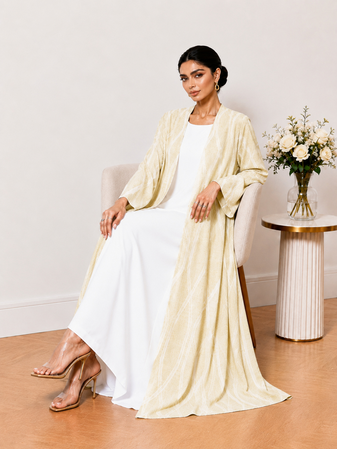 Beige Geometric Print Open Front Abaya