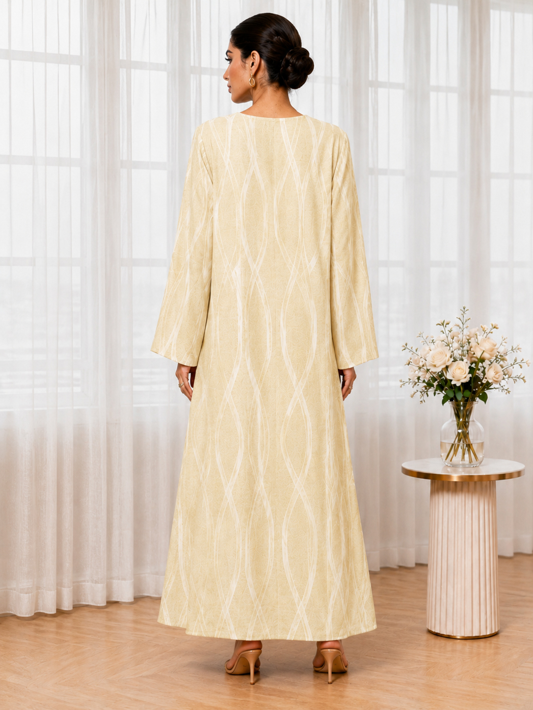 Beige Geometric Print Open Front Abaya