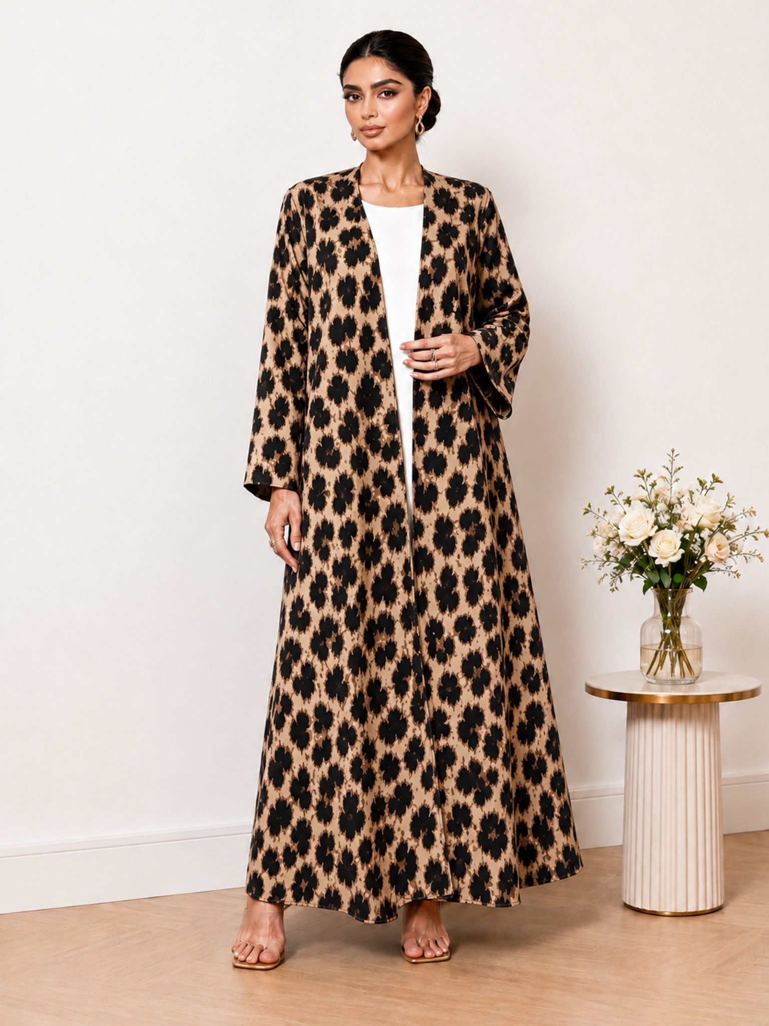 Brown Leopard Print Open Front Abaya