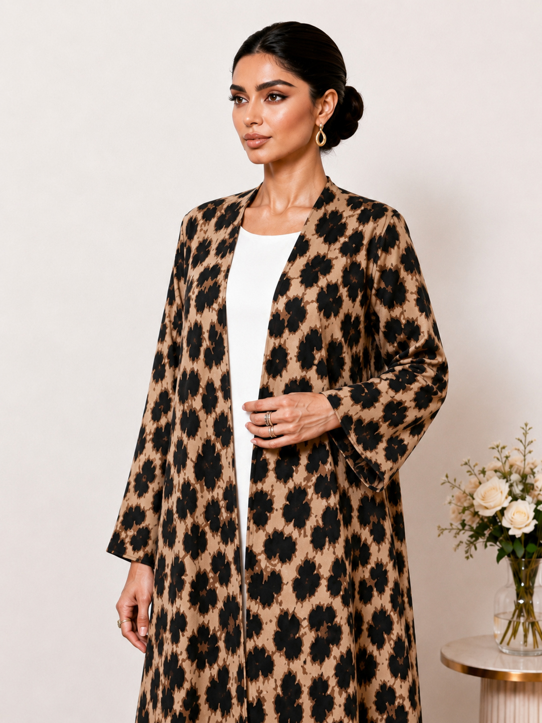 Brown Leopard Print Open Front Abaya