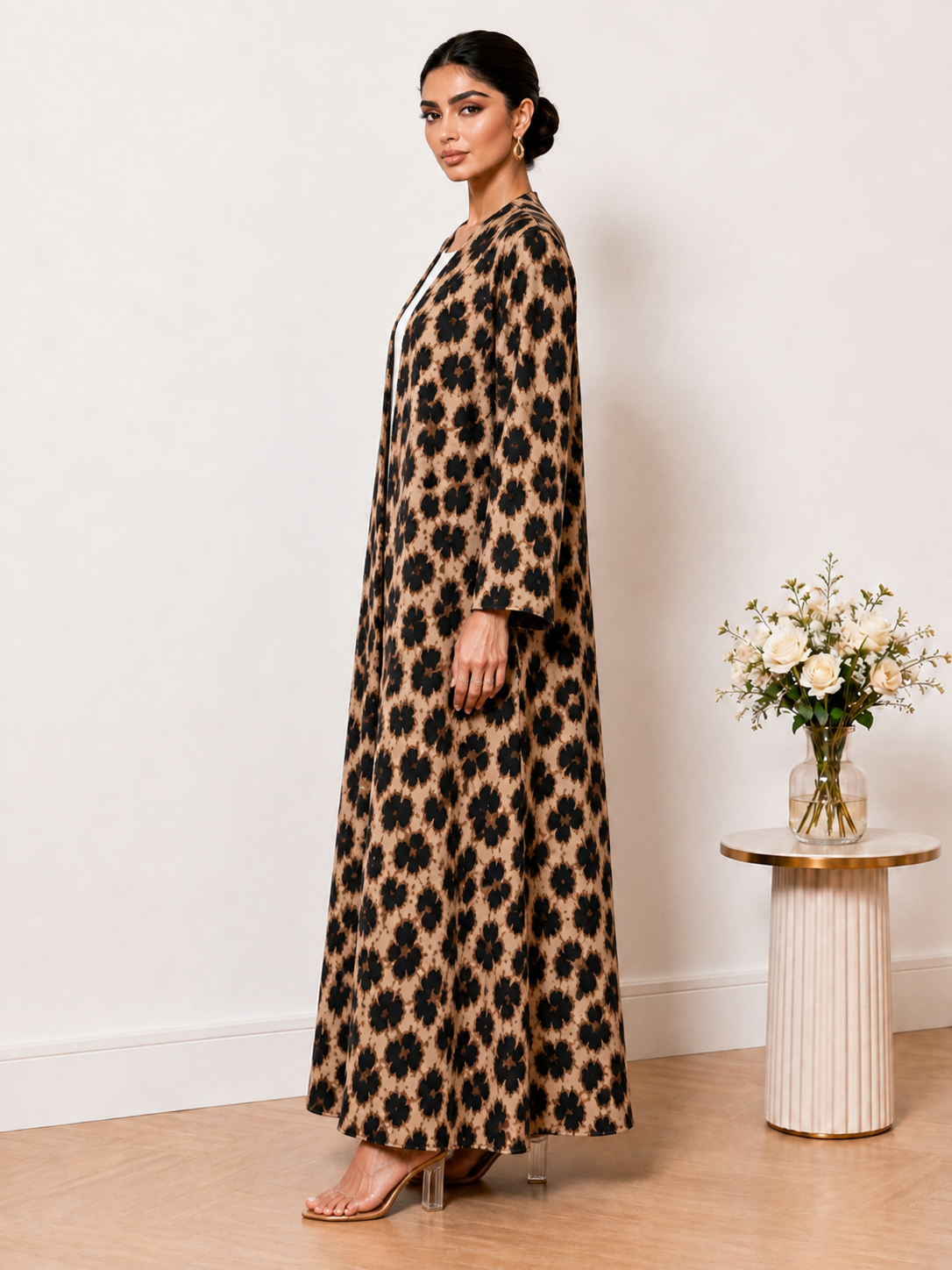 Brown Leopard Print Open Front Abaya