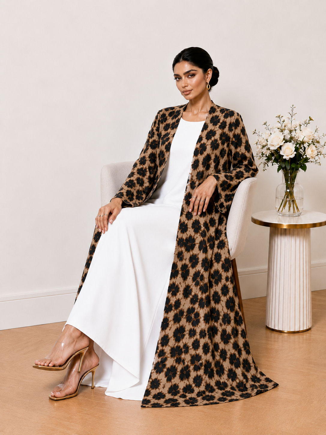 Brown Leopard Print Open Front Abaya