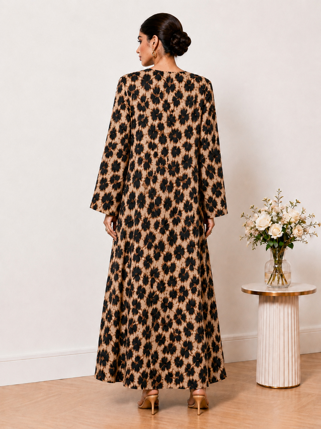 Brown Leopard Print Open Front Abaya
