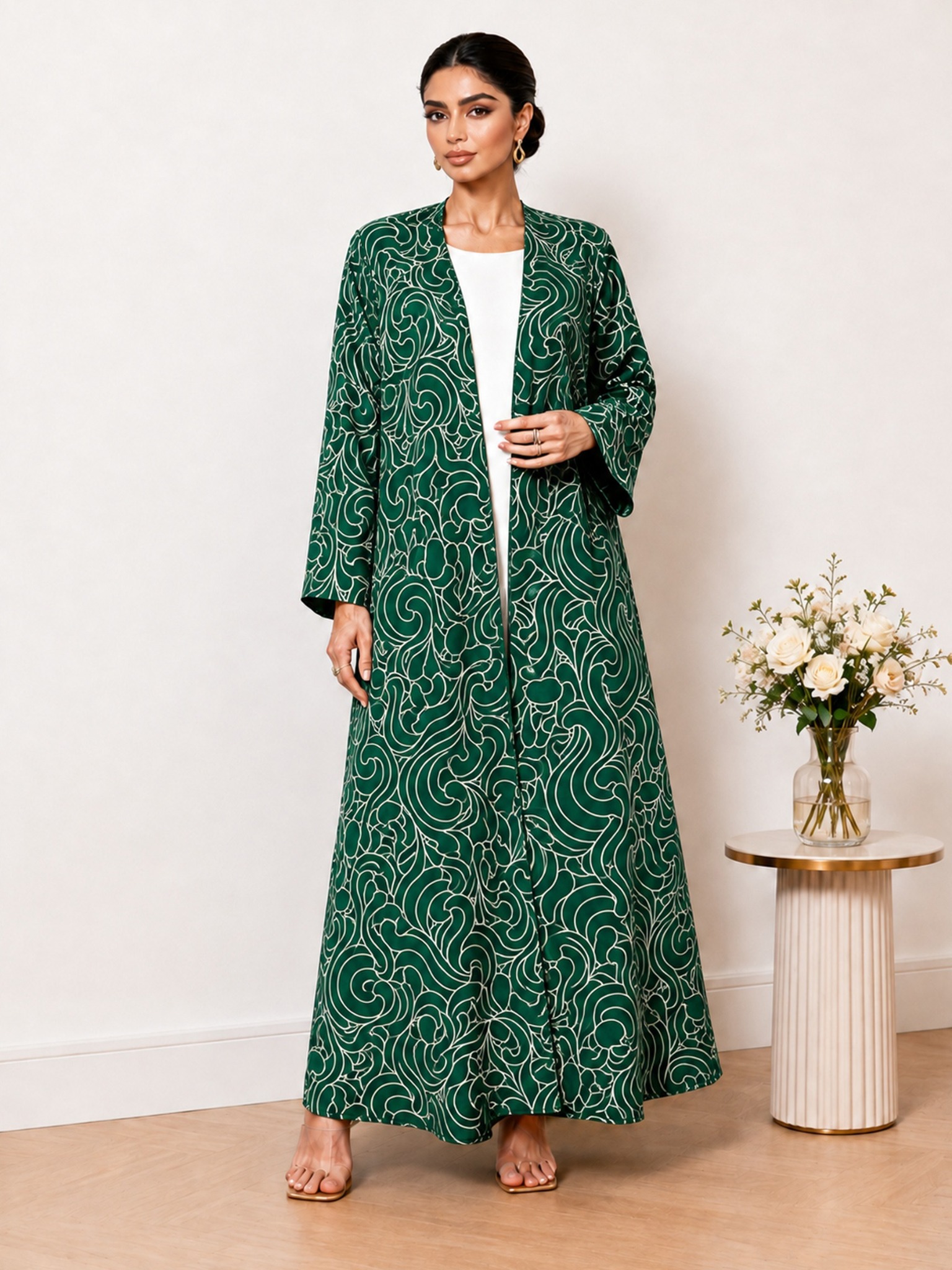 Emerald Green Printed Open Front Abaya Dress