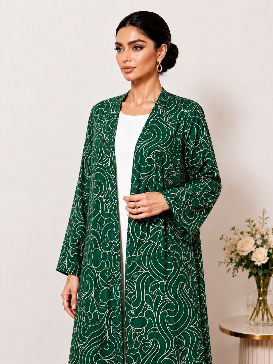 Emerald Green Printed Open Front Abaya Dress