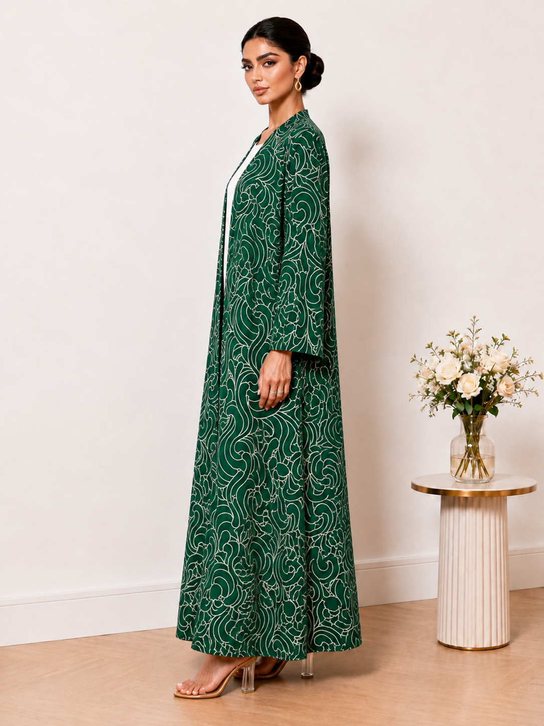 Emerald Green Printed Open Front Abaya Dress