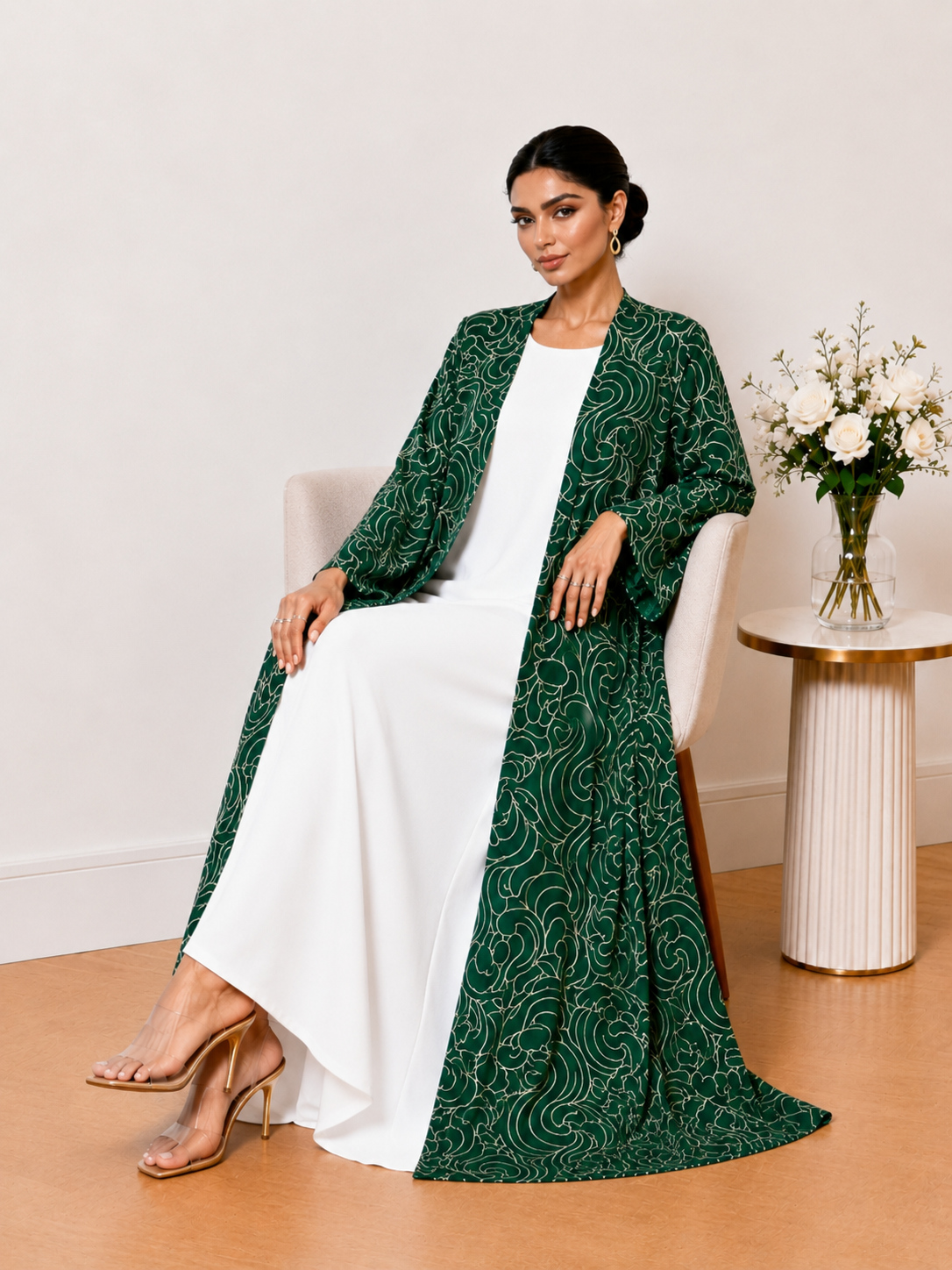 Emerald Green Printed Open Front Abaya Dress