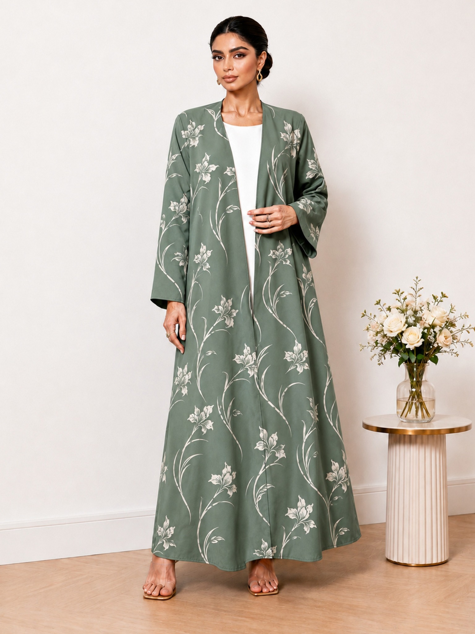 Olive Green Floral Print Open Front Abaya