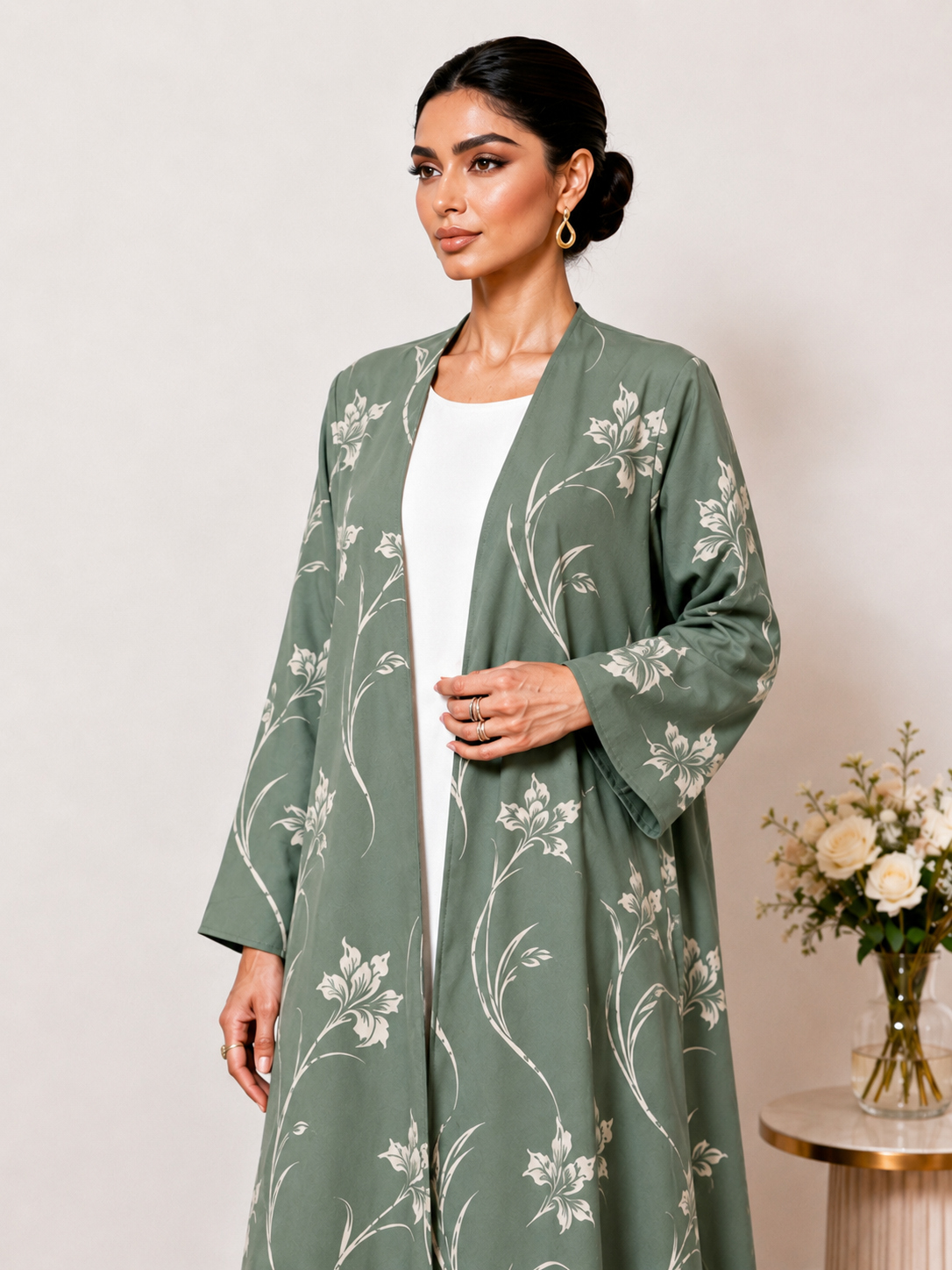 Olive Green Floral Print Open Front Abaya