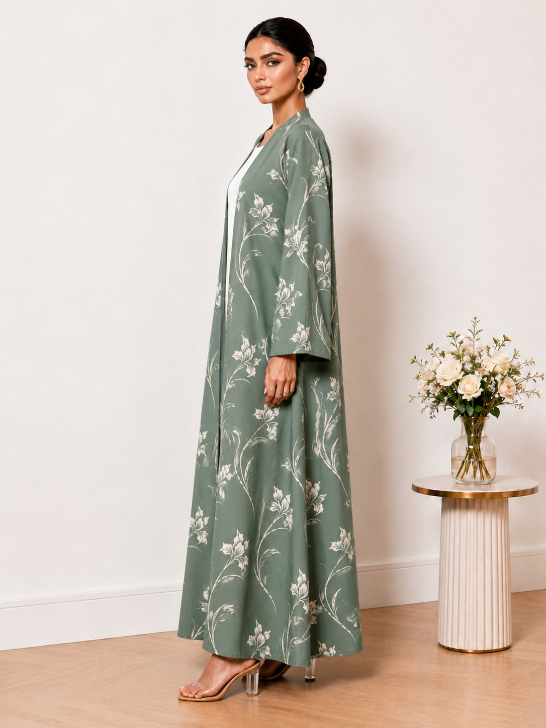 Olive Green Floral Print Open Front Abaya