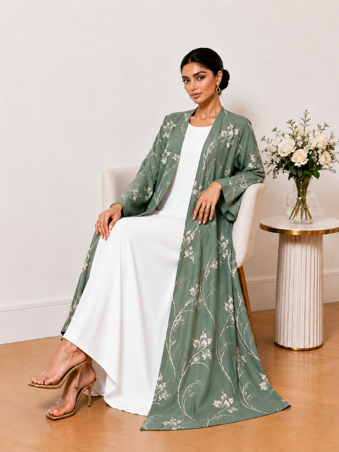 Olive Green Floral Print Open Front Abaya