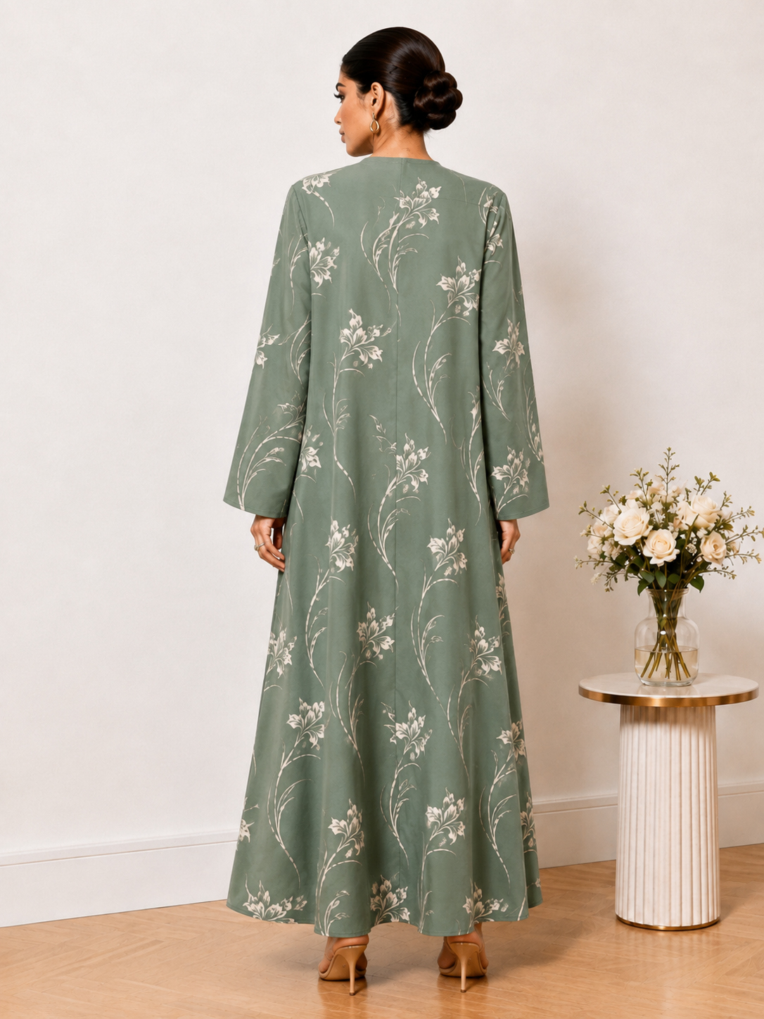 Olive Green Floral Print Open Front Abaya