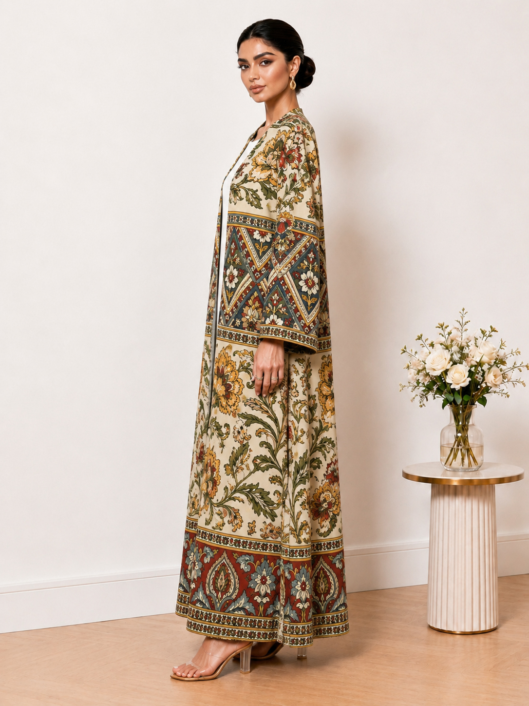 Multi-Color Floral Print Open Front Maxi Abaya