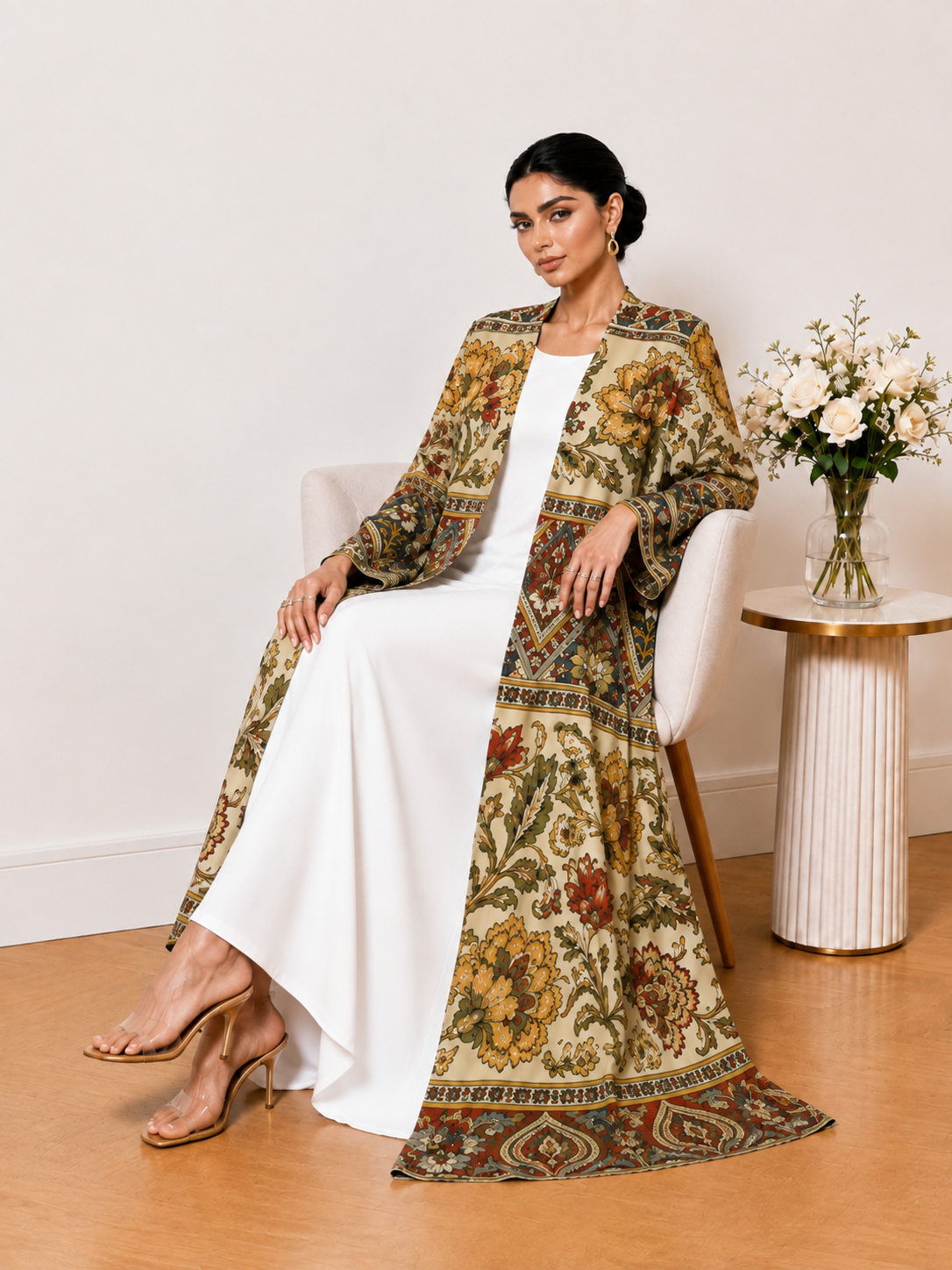 Multi-Color Floral Print Open Front Maxi Abaya