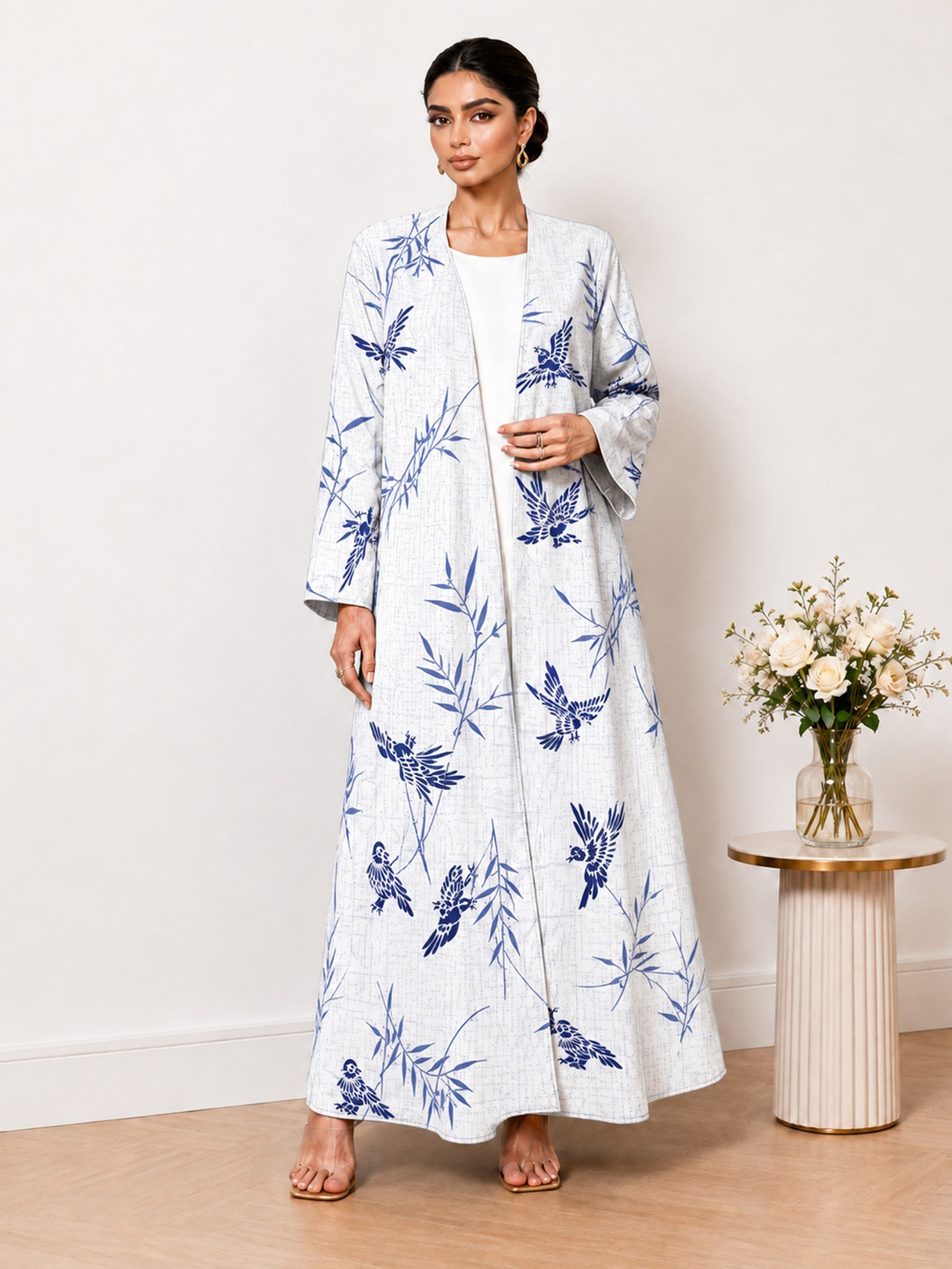 White Printed Open Front Long Sleeves Abaya