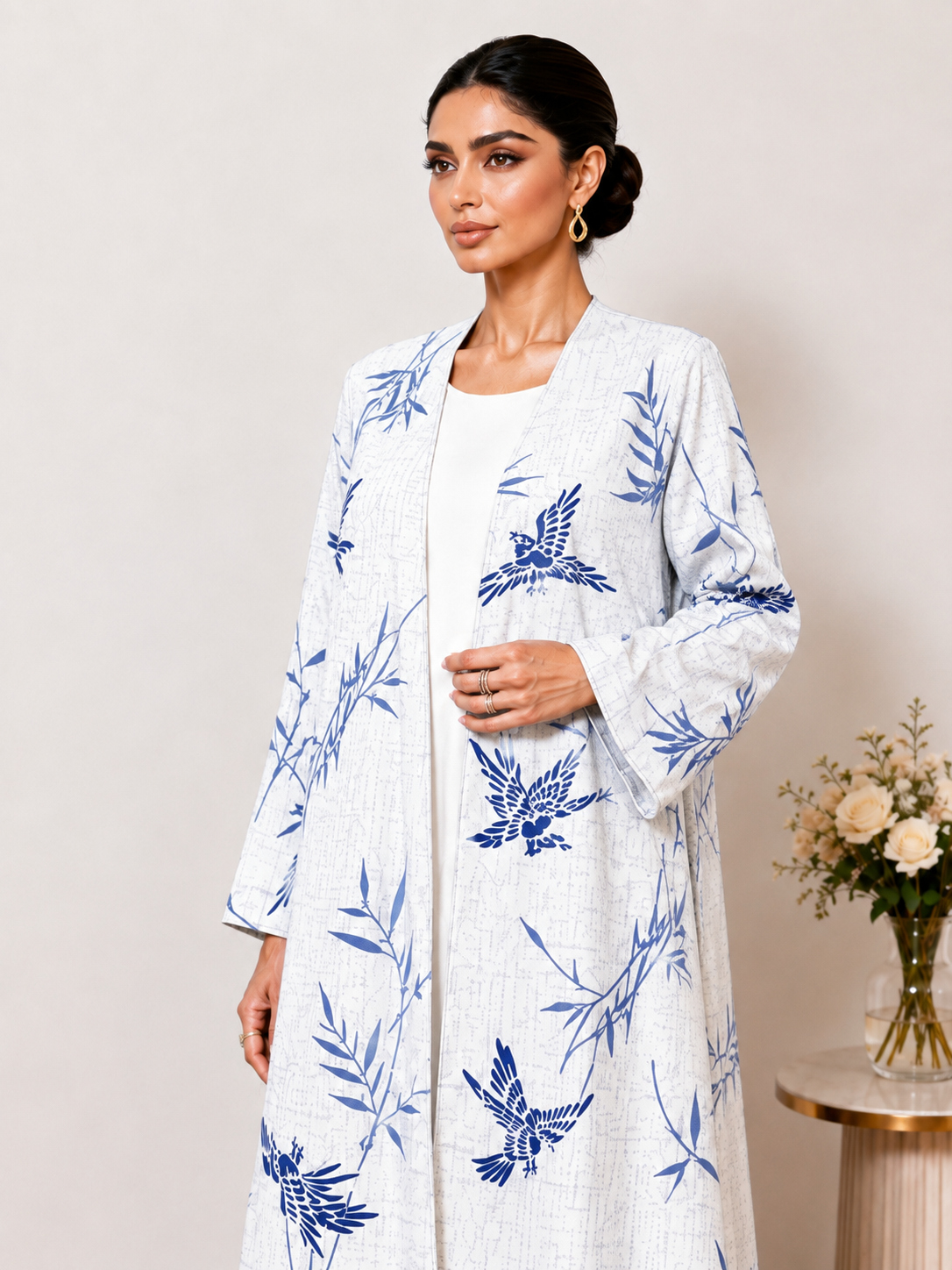 White Printed Open Front Long Sleeves Abaya