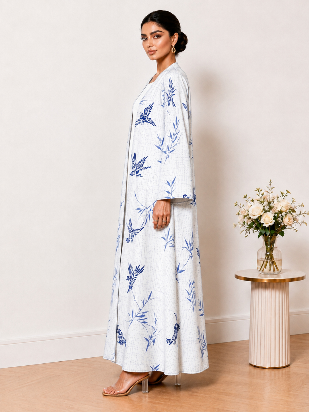 White Printed Open Front Long Sleeves Abaya