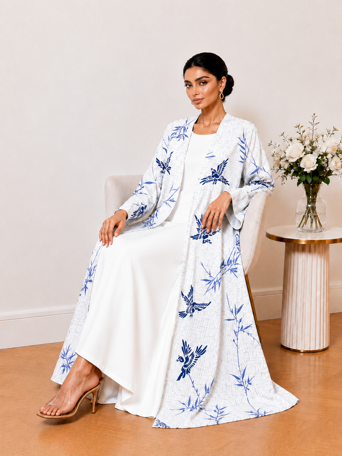 White Printed Open Front Long Sleeves Abaya