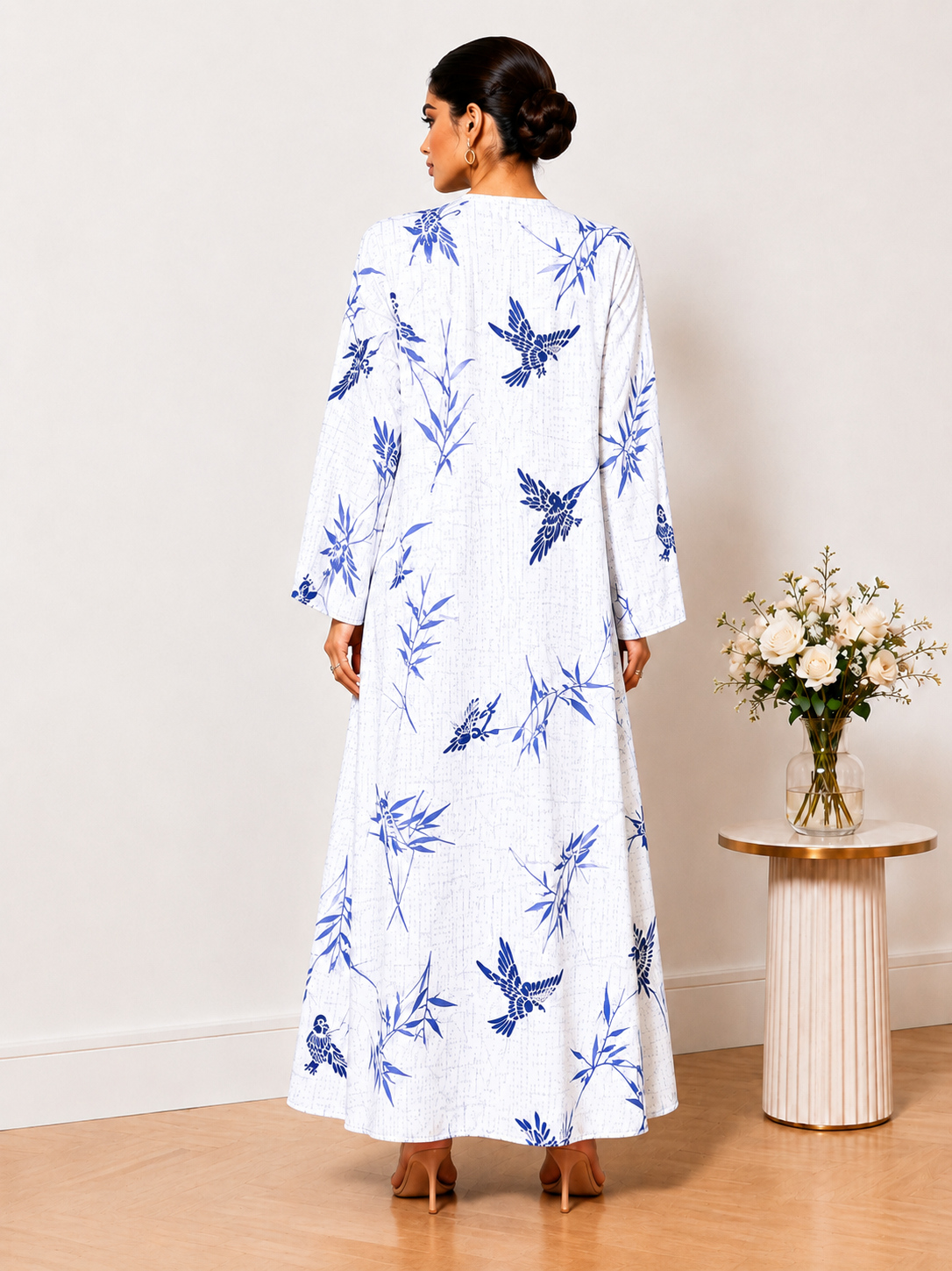 White Printed Open Front Long Sleeves Abaya