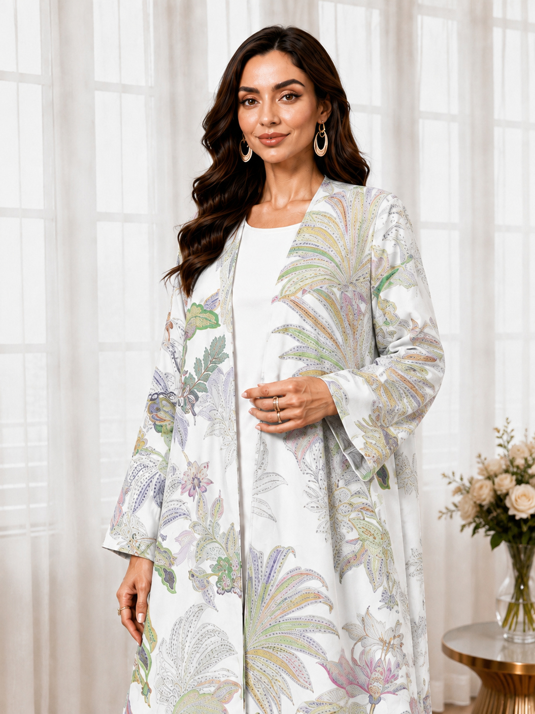 White Tropical Print Open Front Abaya