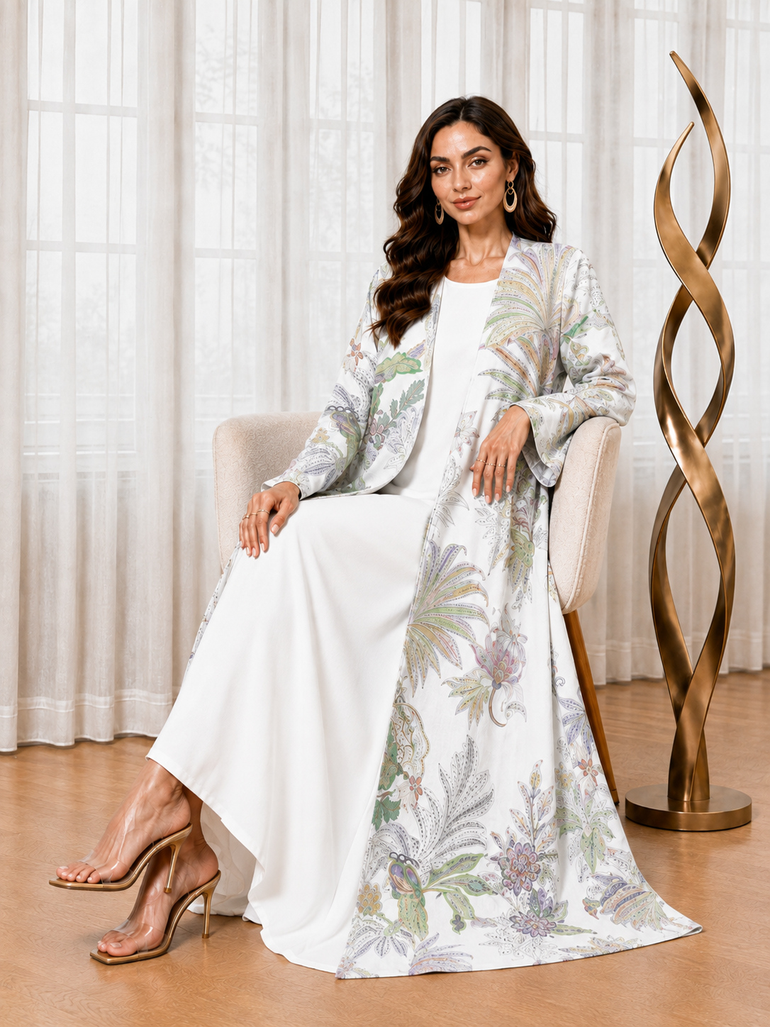 White Tropical Print Open Front Abaya