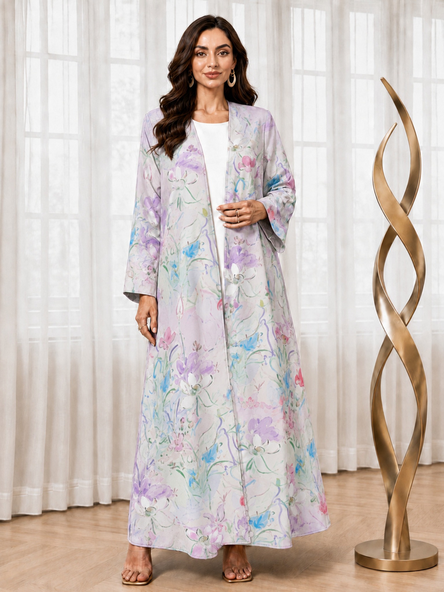 Purple Floral Print Open Front Abaya