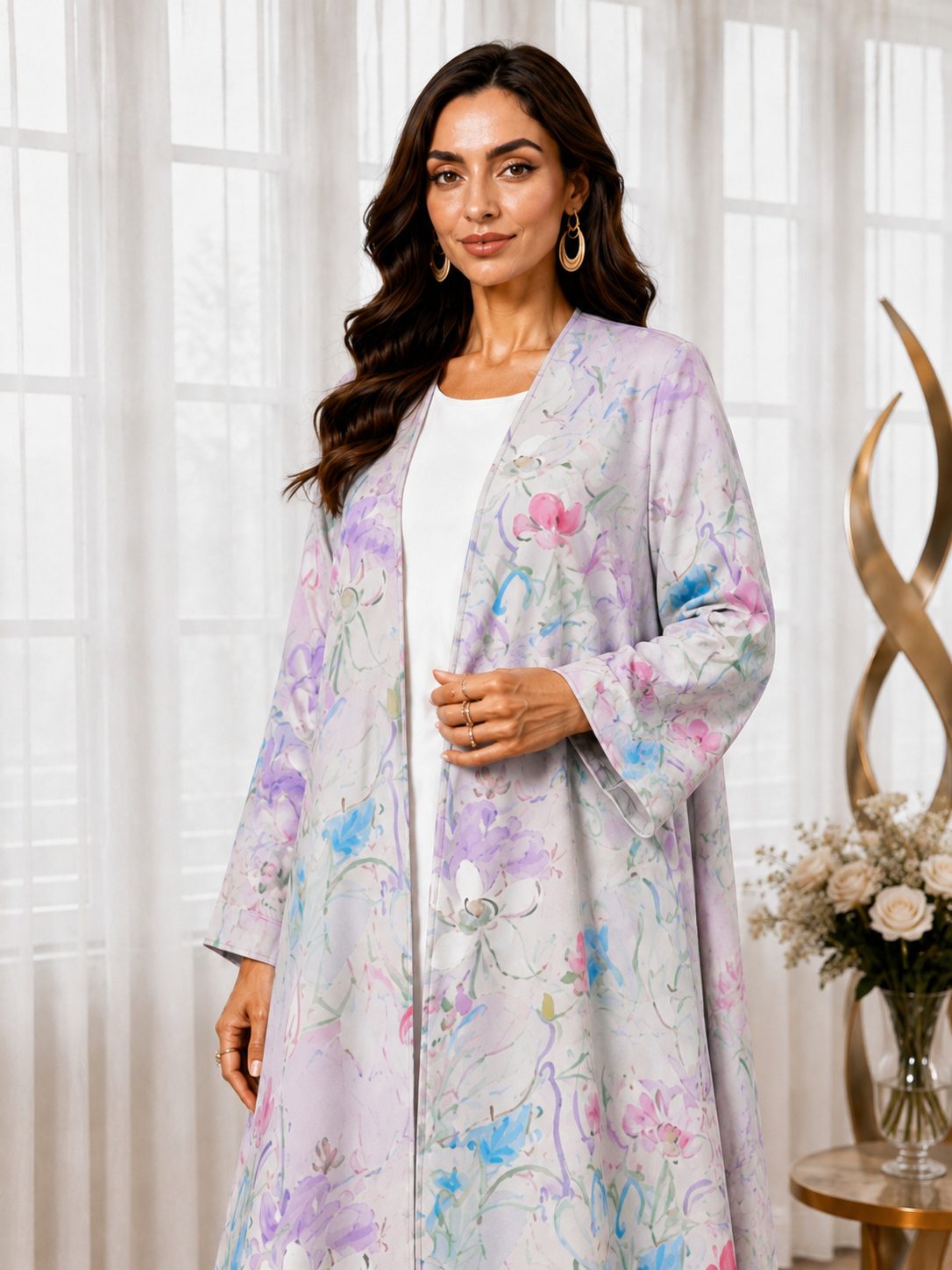Purple Floral Print Open Front Abaya