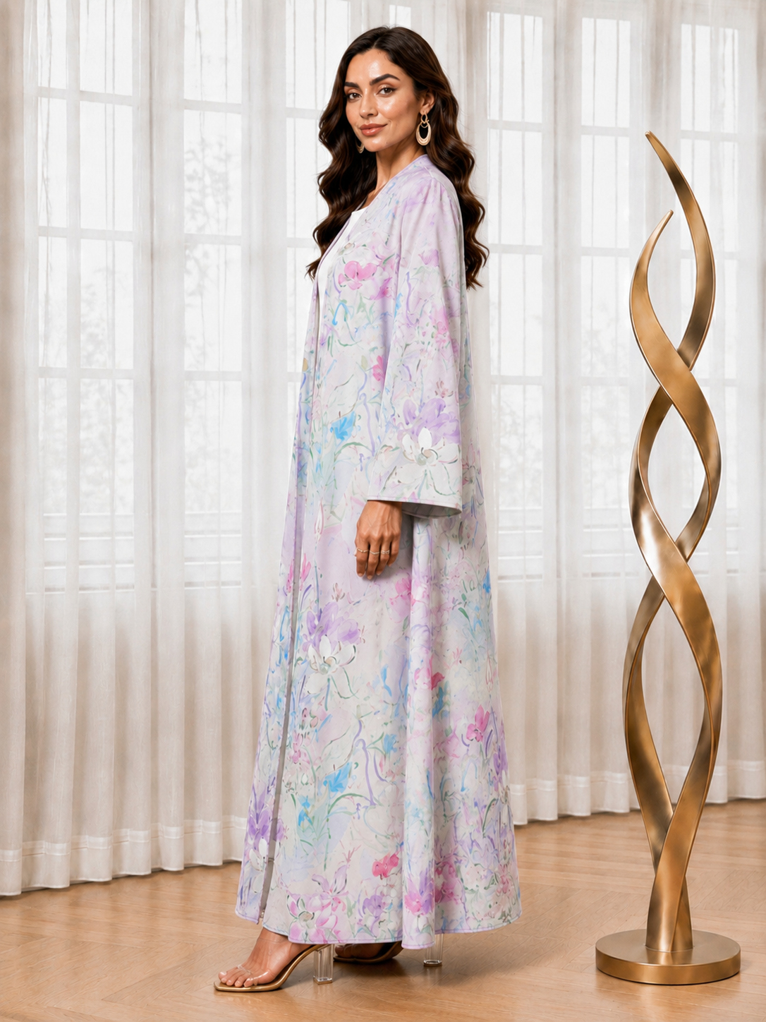 Purple Floral Print Open Front Abaya