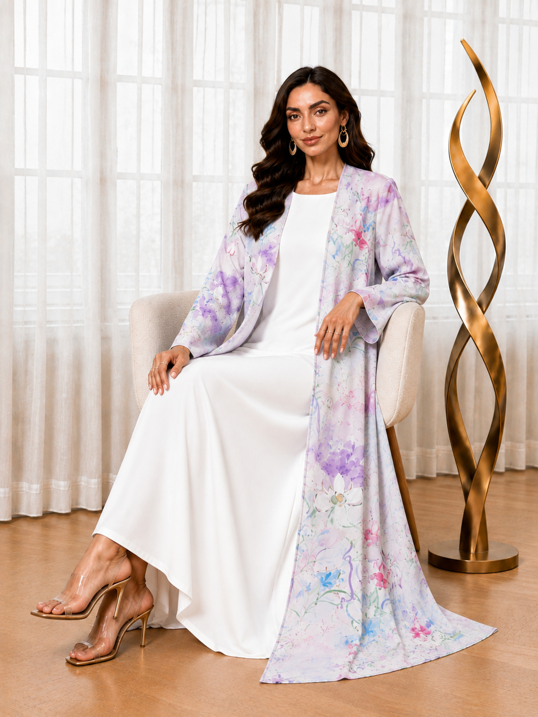 Purple Floral Print Open Front Abaya