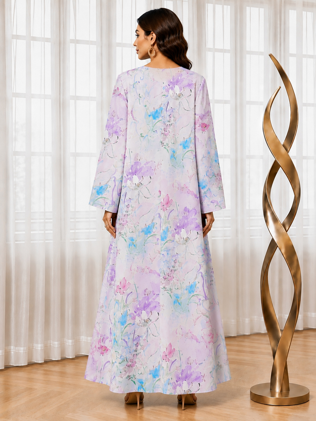 Purple Floral Print Open Front Abaya