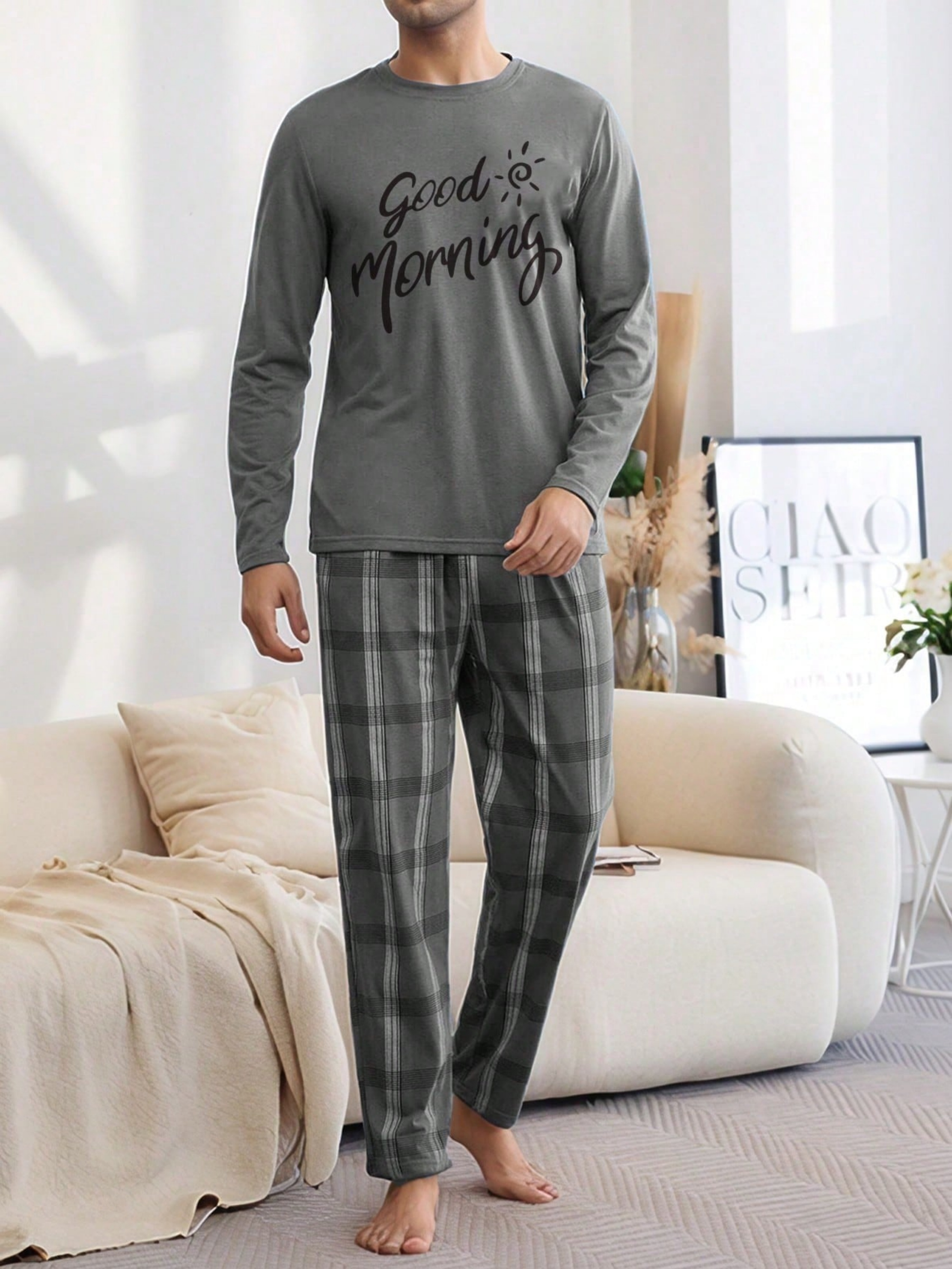 Grey Plaid Pyjama Set - Long Sleeve and Trousers