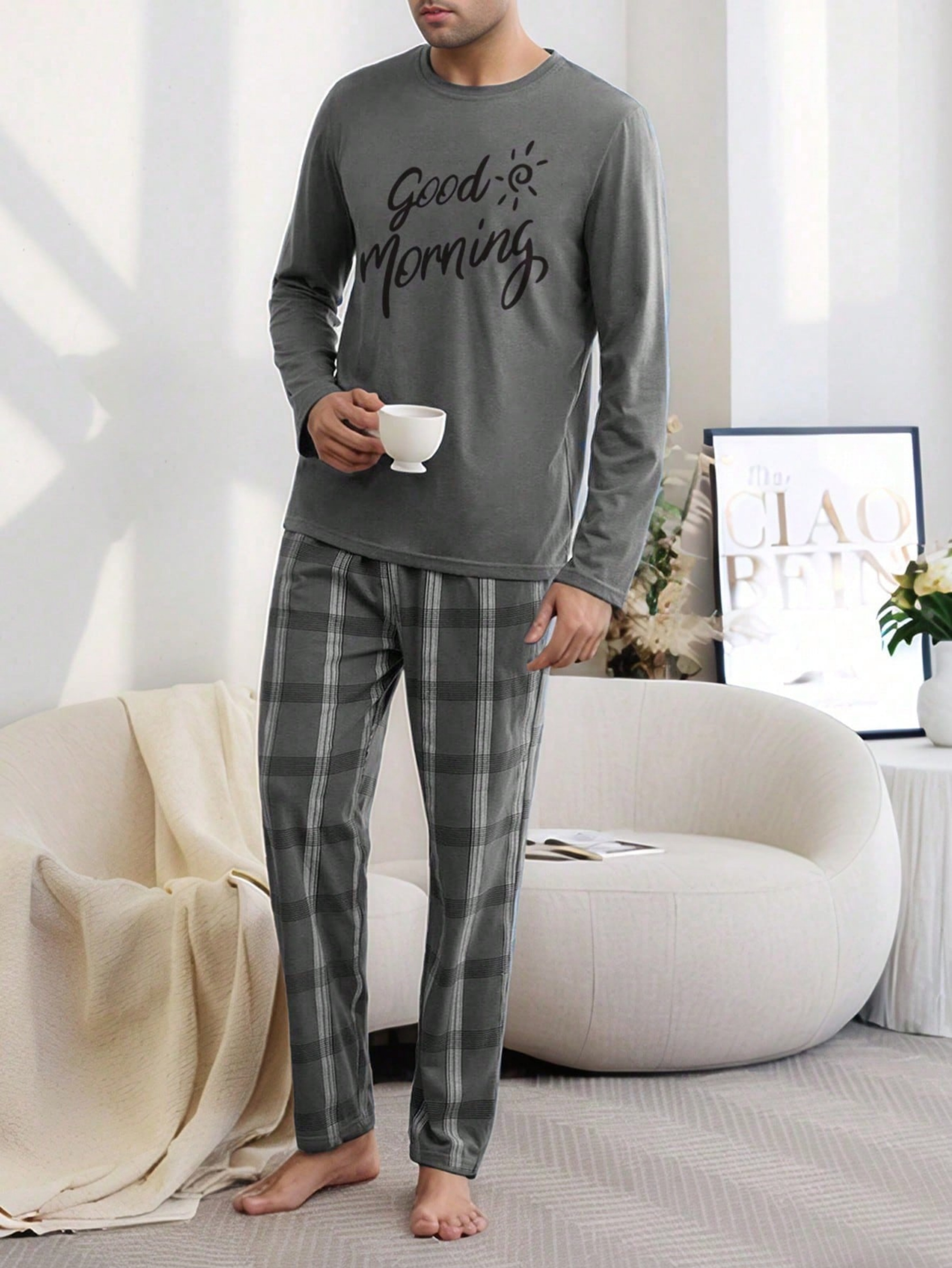 Grey Plaid Pyjama Set - Long Sleeve and Trousers