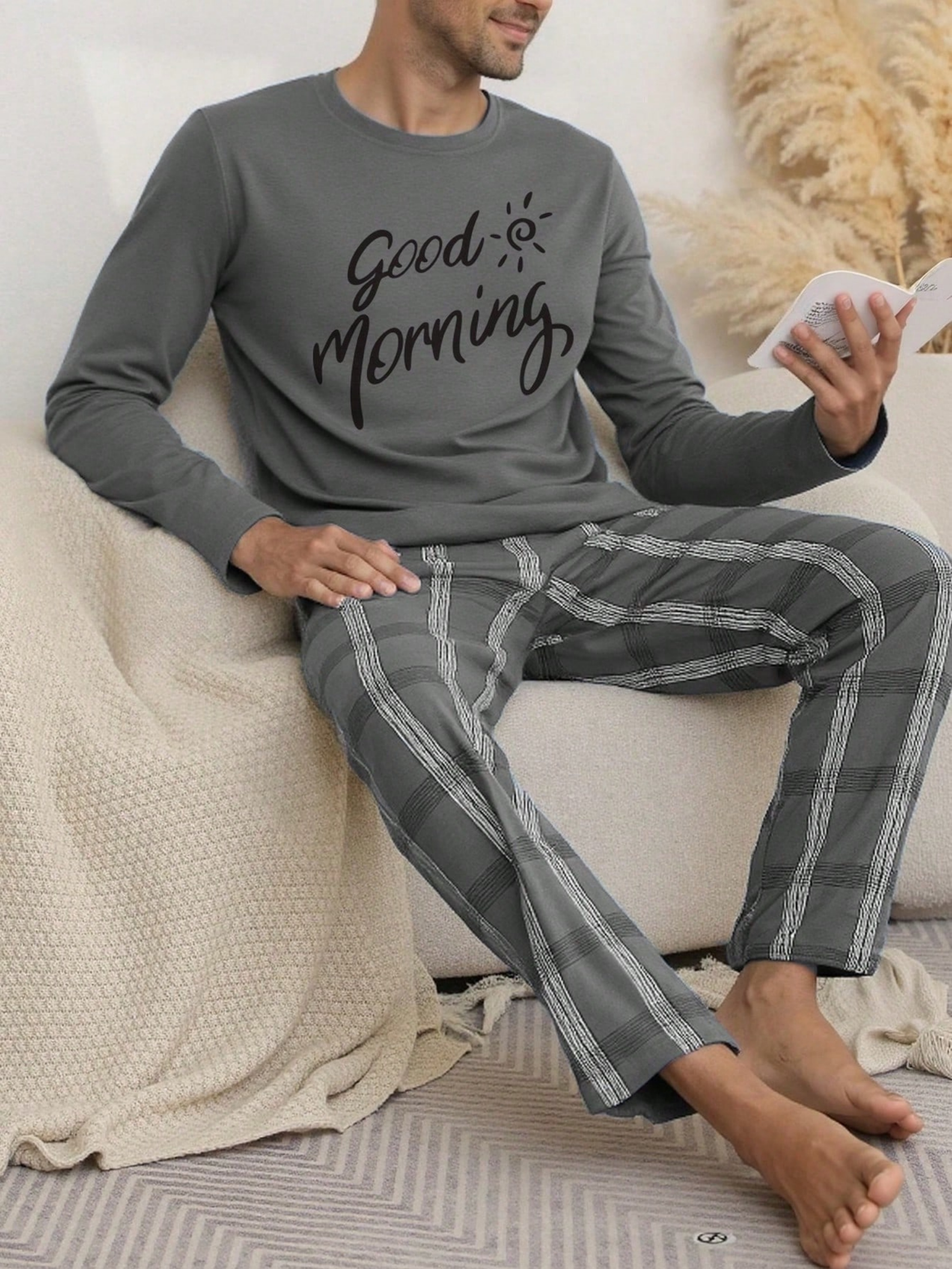 Grey Plaid Pyjama Set - Long Sleeve and Trousers
